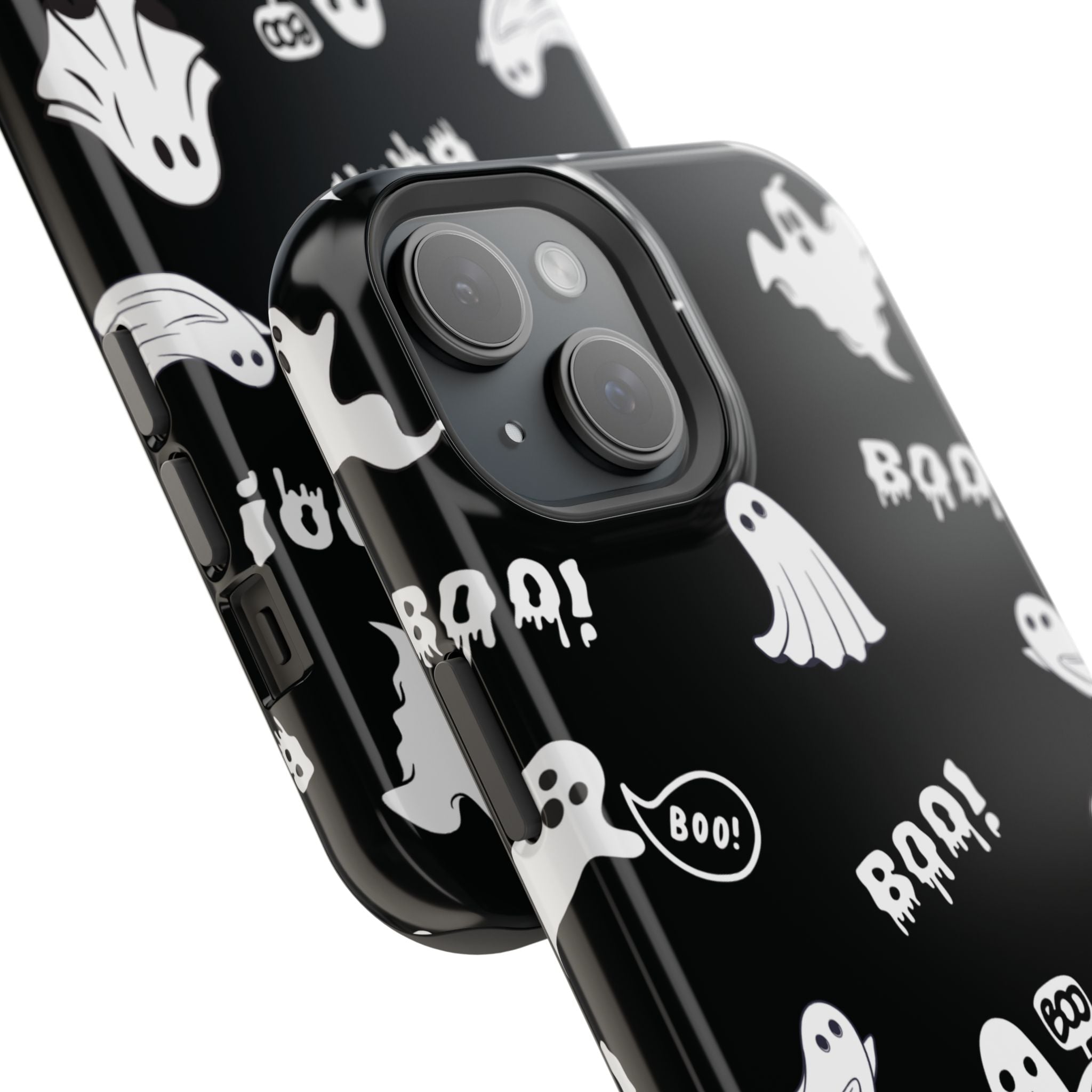 Black phone case with white ghost and 'BOO!' text design on a black background