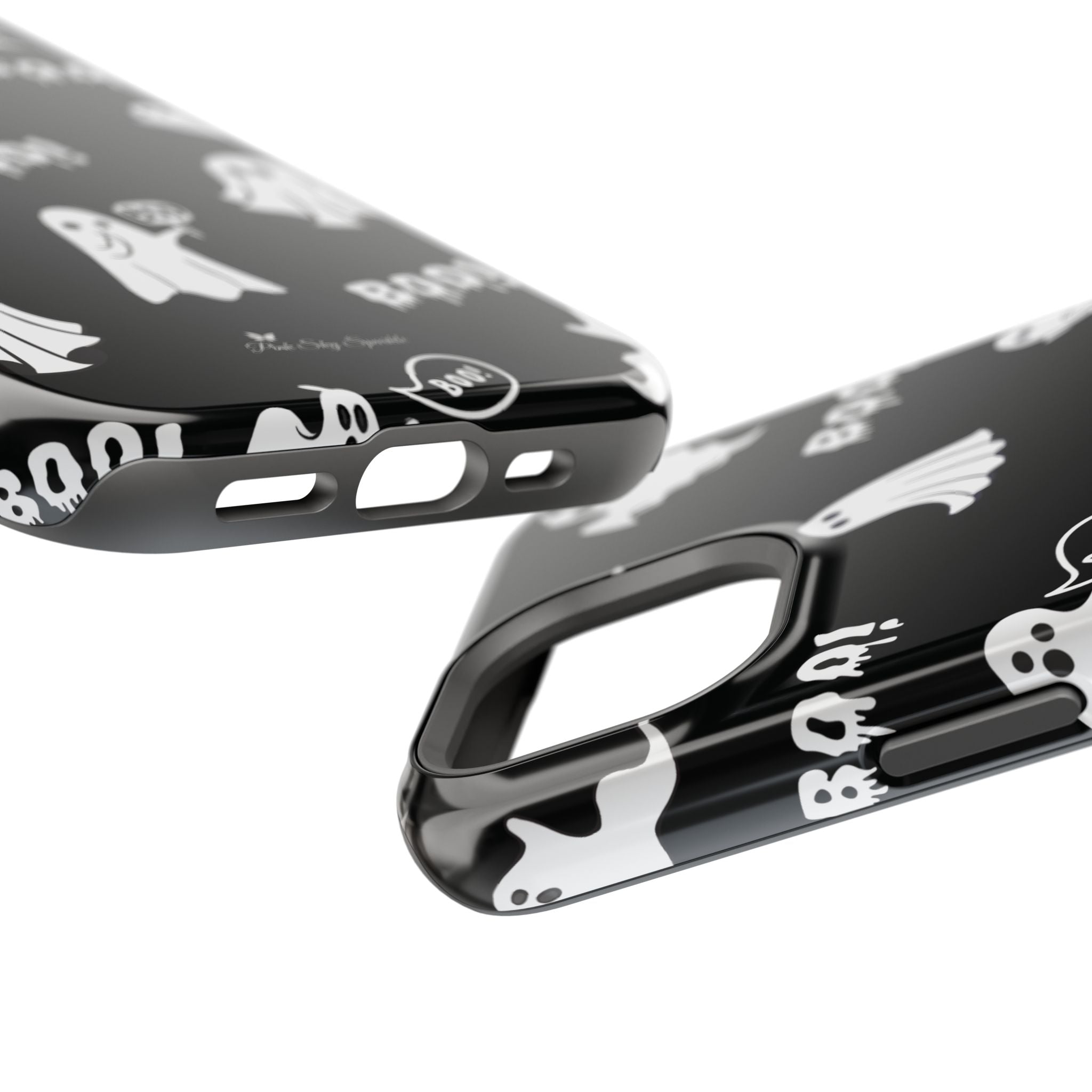 Black phone case with white graphic designs on a white background