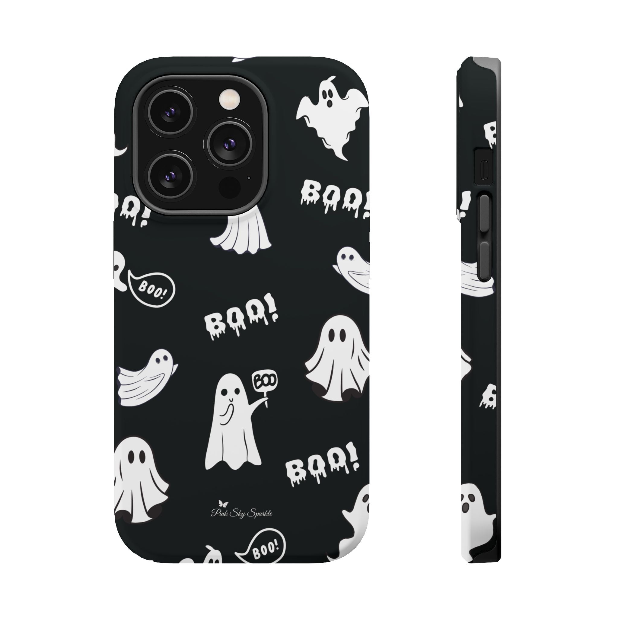 Phone case with Halloween-themed design featuring ghosts and the word 'BOO!' on a black background.