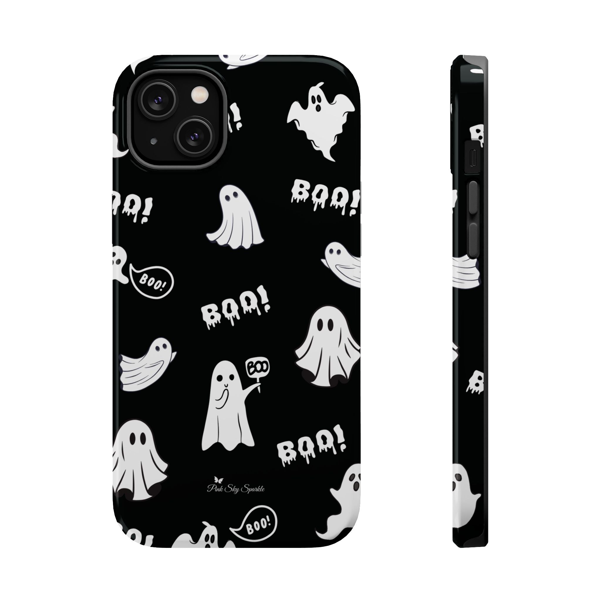 Phone case with ghost and 'BOO!' pattern on a black background