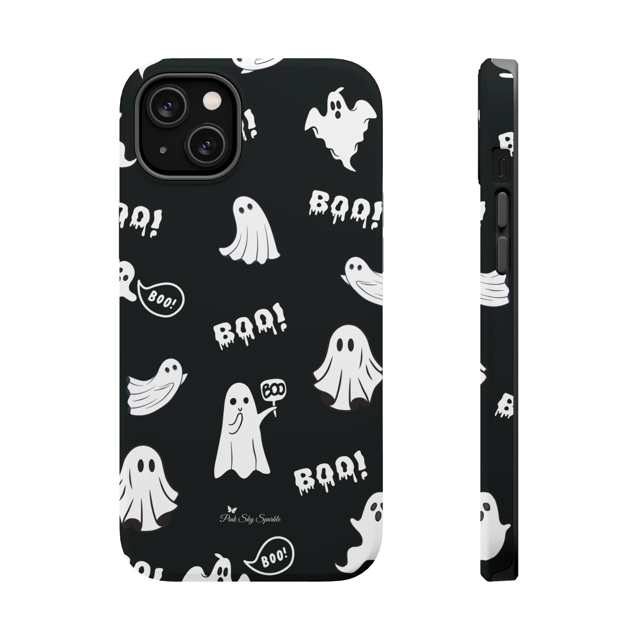 Phone case with Halloween-themed design featuring ghosts and 'BOO!' text on a black background