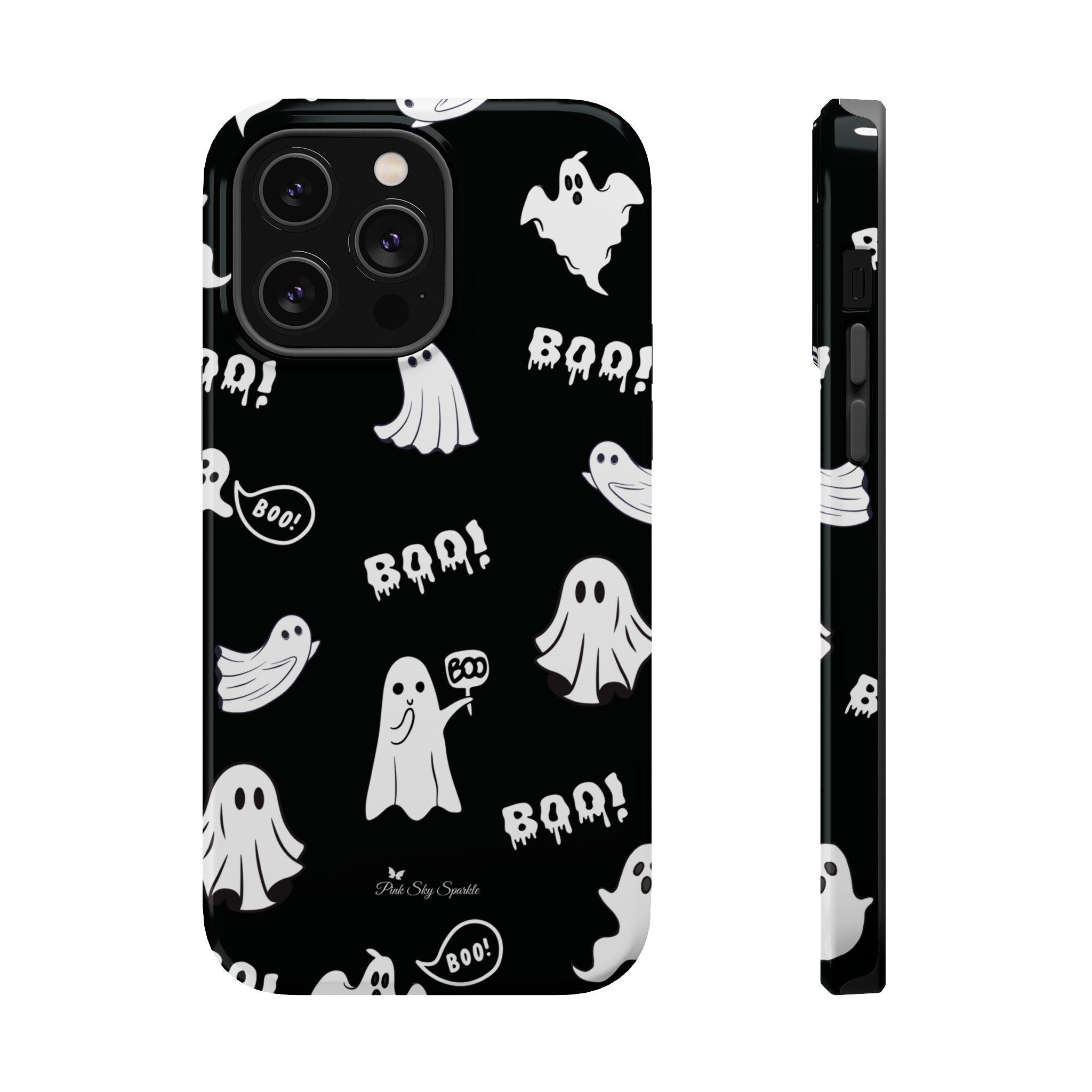 Phone case with ghost and 'BOO!' pattern on a black background