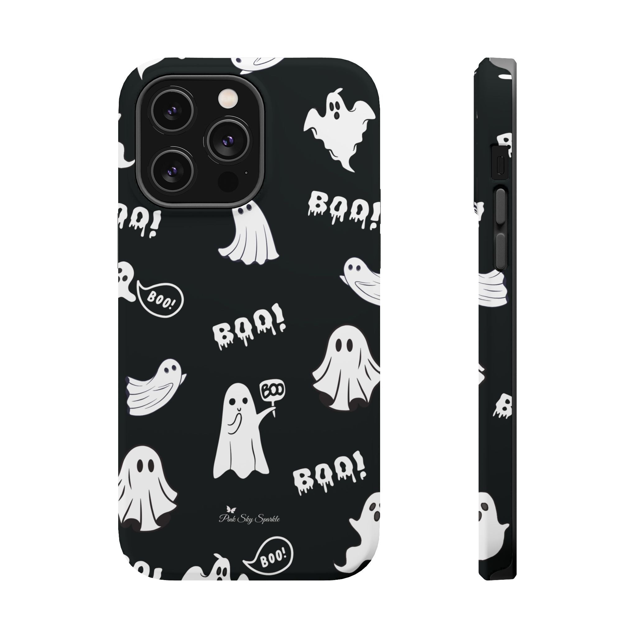 Phone case with Halloween-themed design featuring ghosts and 'BOO!' text on a black background