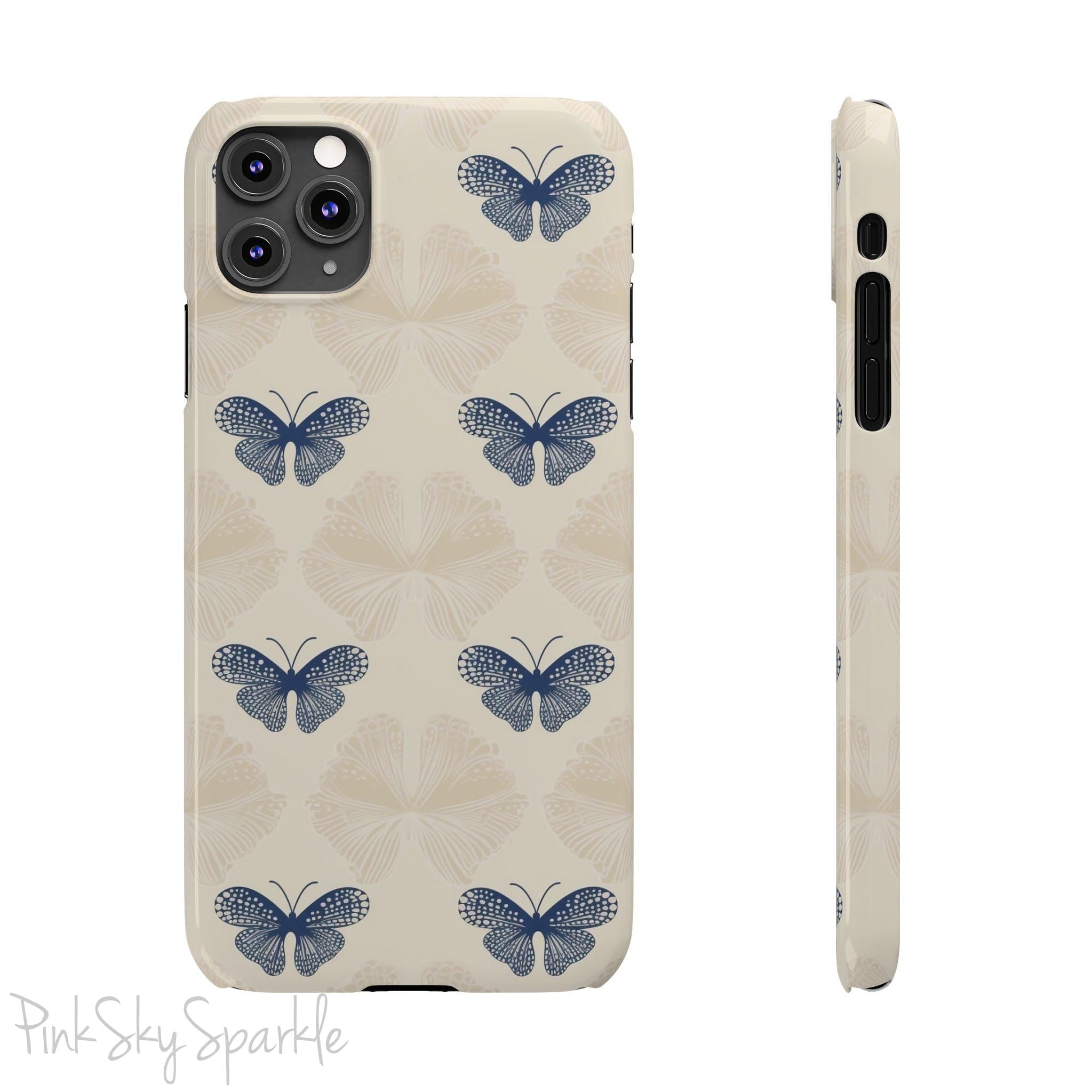 Add a touch of elegance to your phone with the Midnight Flutter Slim iPhone Case. Featuring a neutral background and navy blue butterflies.