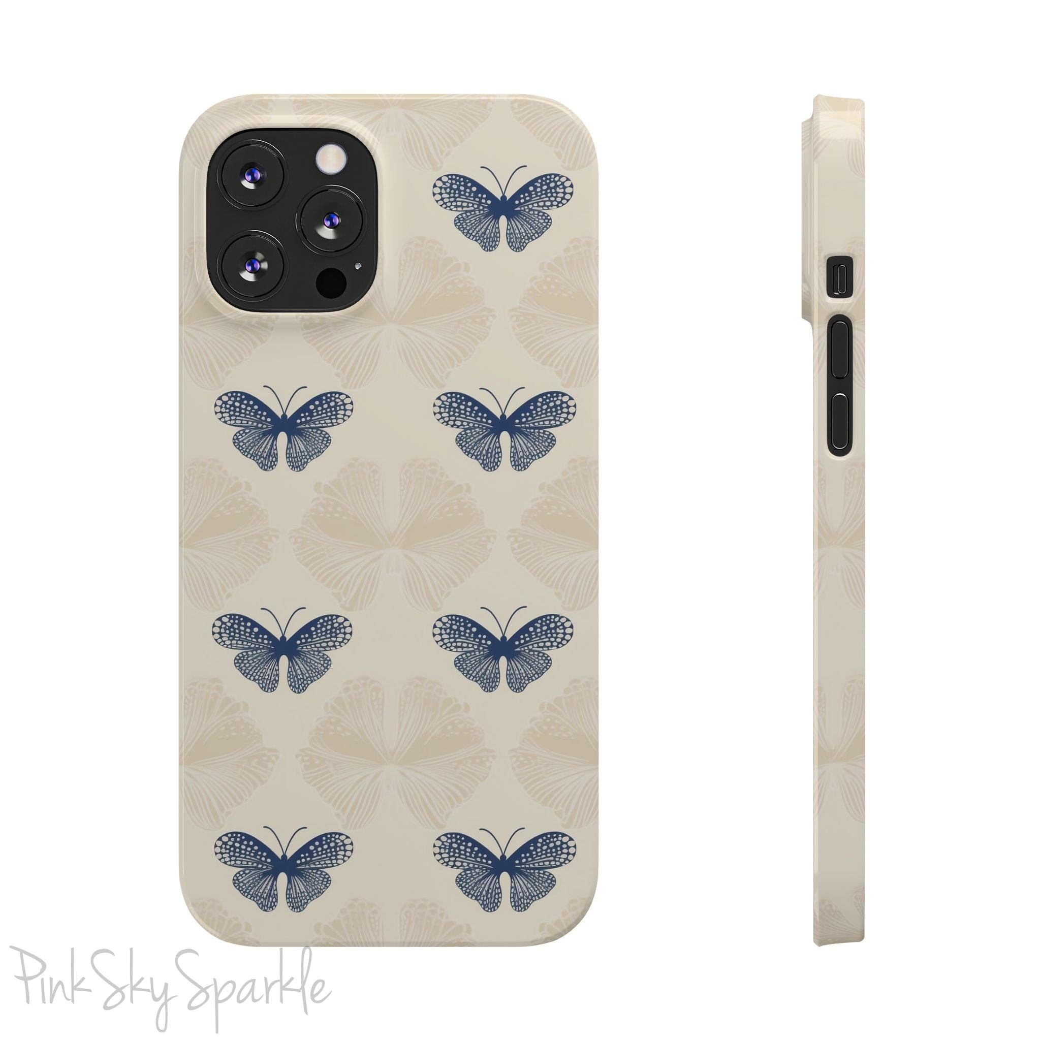 Add a touch of elegance to your phone with the Midnight Flutter Slim iPhone Case. Featuring a neutral background and navy blue butterflies.