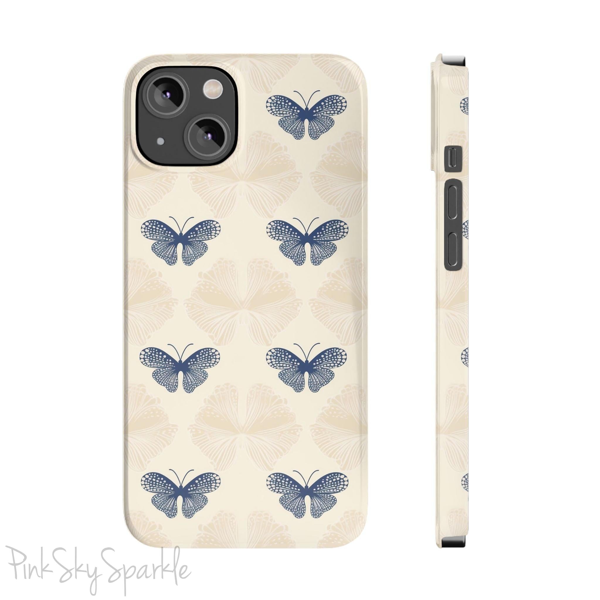 Add a touch of elegance to your phone with the Midnight Flutter Slim iPhone Case. Featuring a neutral background and navy blue butterflies.