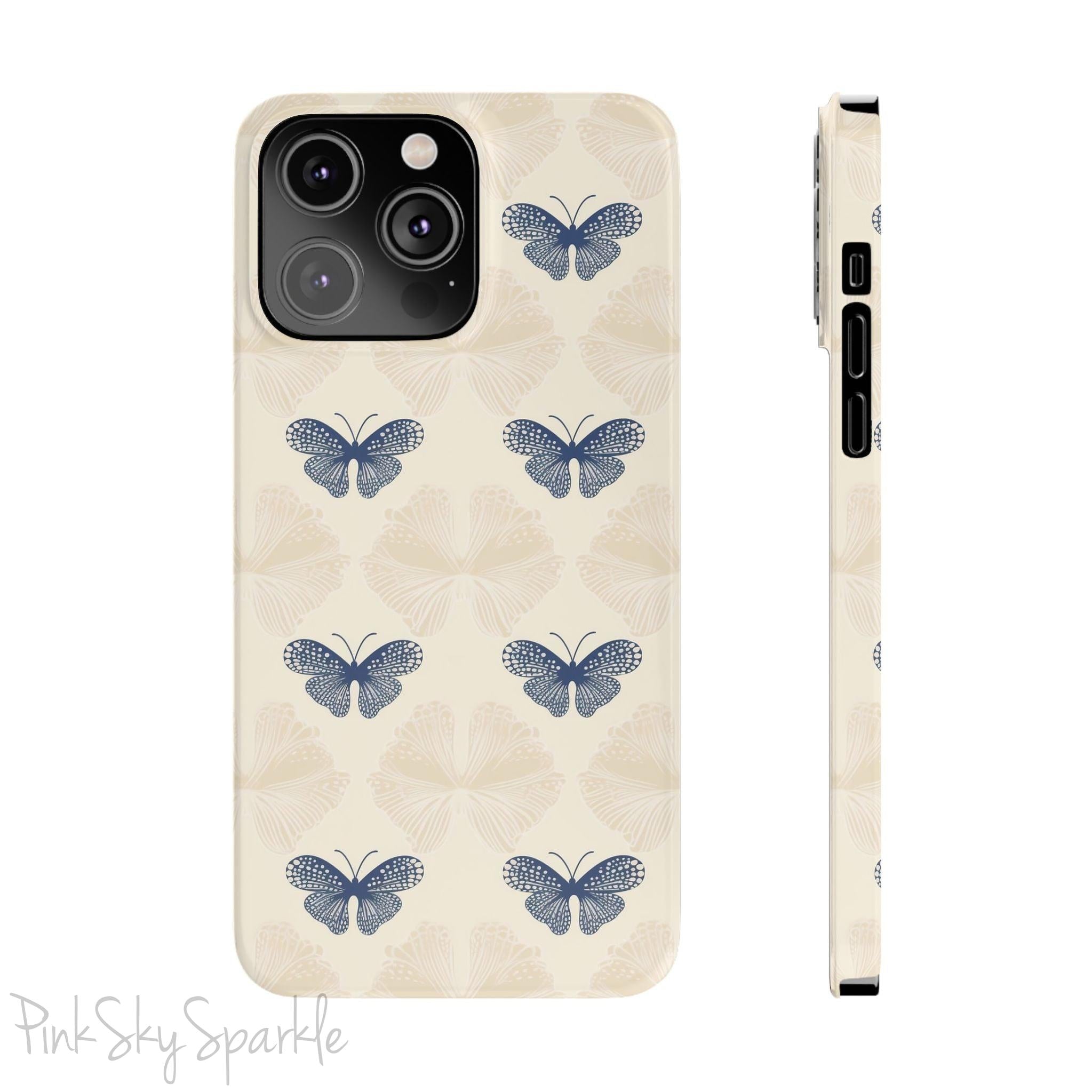 Add a touch of elegance to your phone with the Midnight Flutter Slim iPhone Case. Featuring a neutral background and navy blue butterflies.