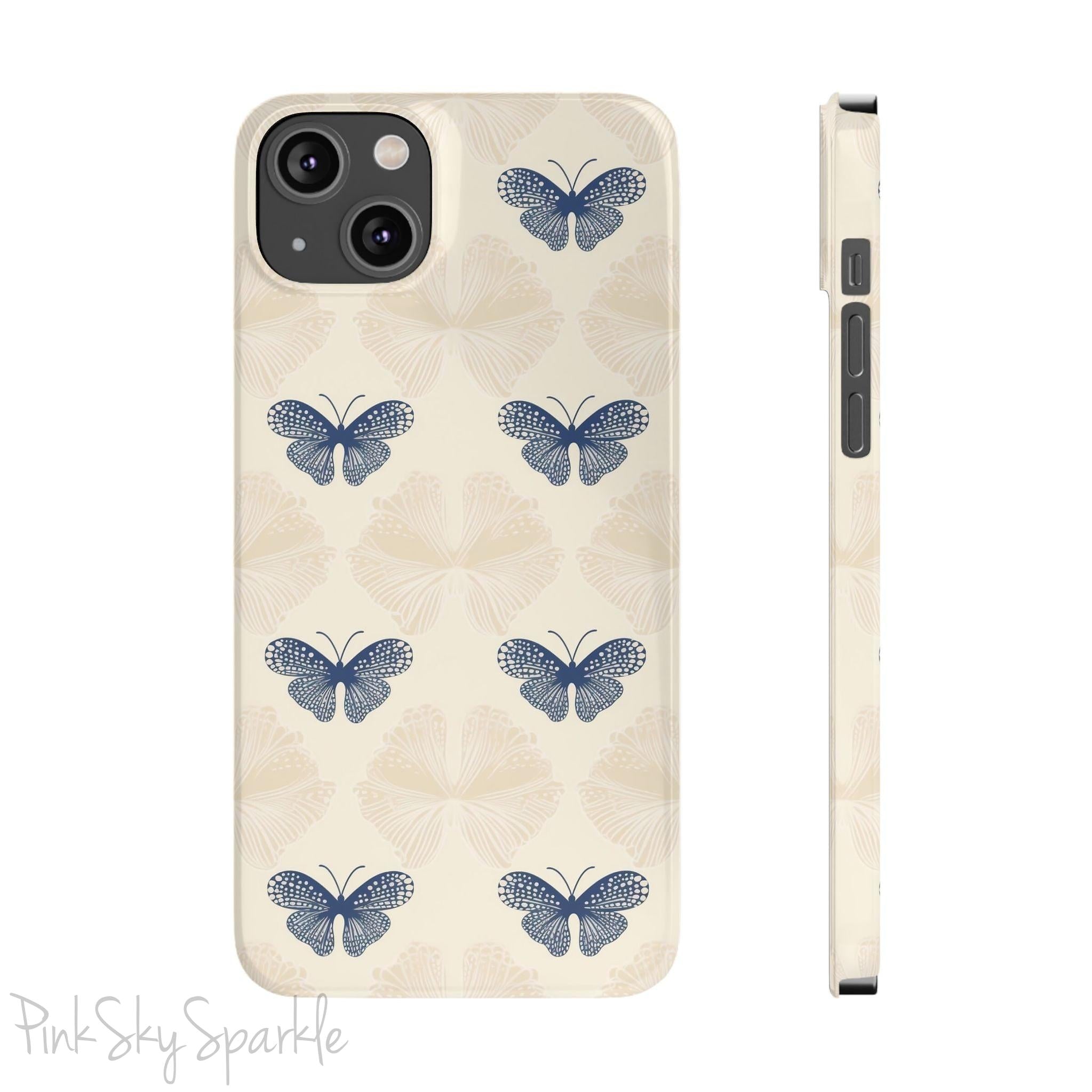 Add a touch of elegance to your phone with the Midnight Flutter Slim iPhone Case. Featuring a neutral background and navy blue butterflies.