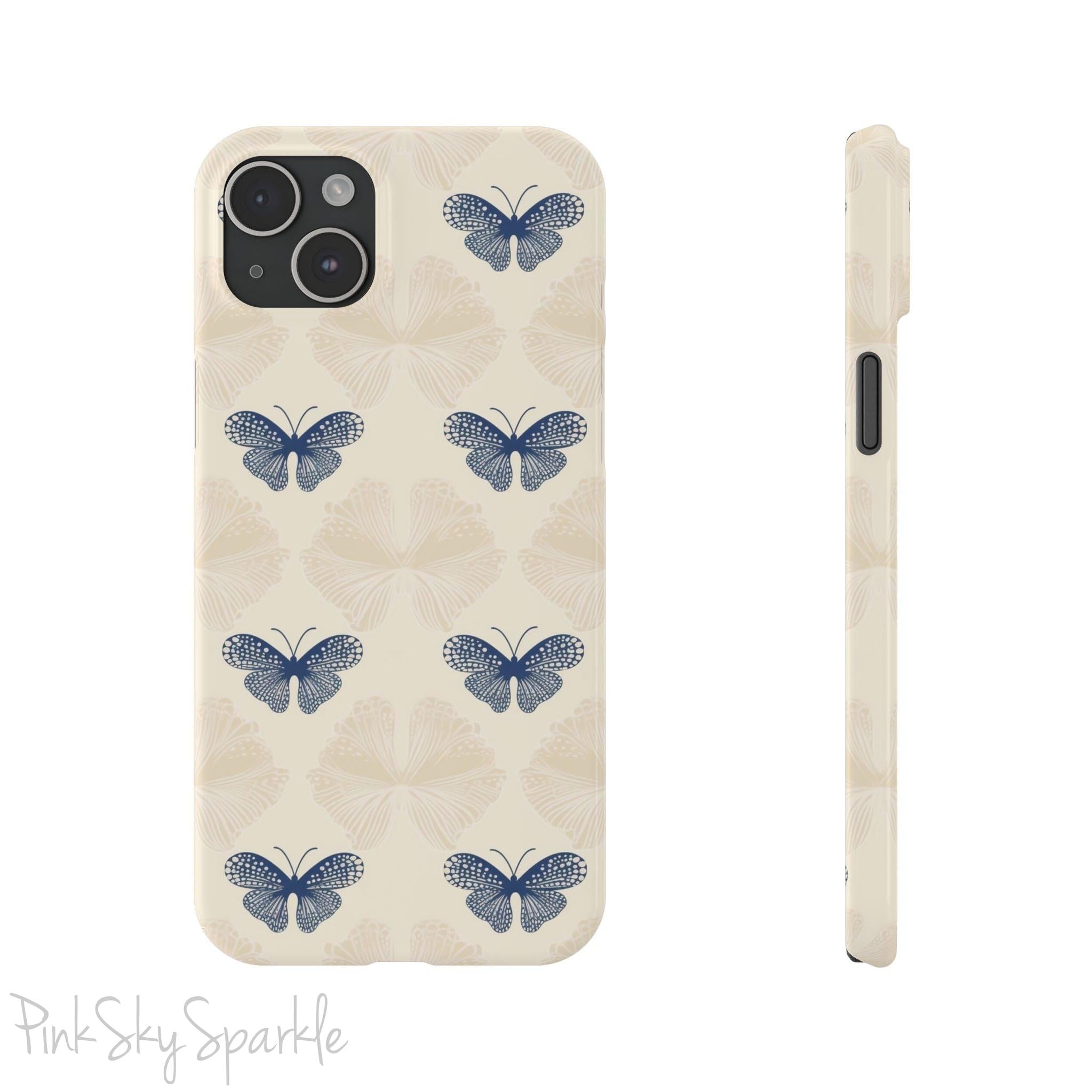 Add a touch of elegance to your phone with the Midnight Flutter Slim iPhone Case. Featuring a neutral background and navy blue butterflies.