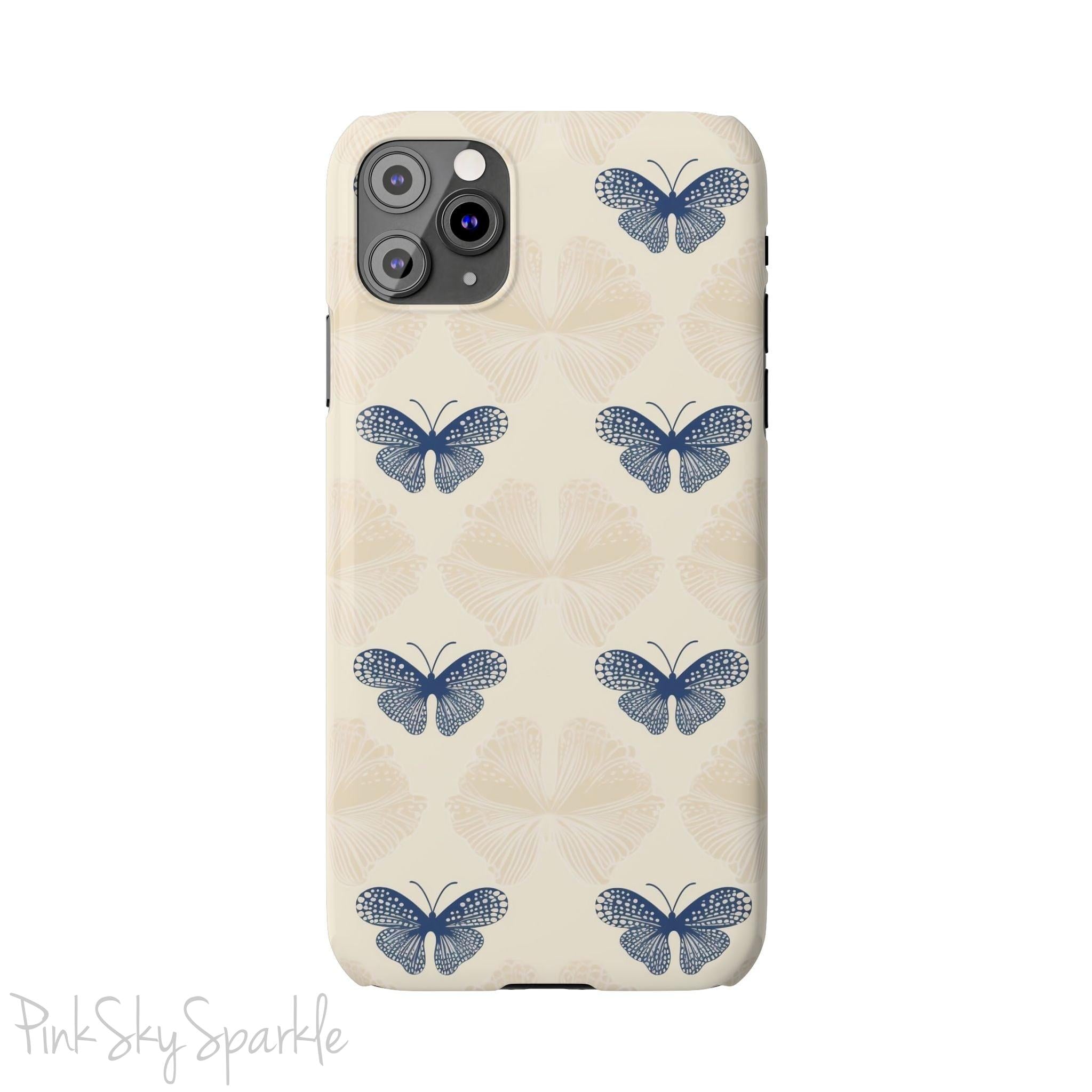 Add a touch of elegance to your phone with the Midnight Flutter Slim iPhone Case. Featuring a neutral background and navy blue butterflies.