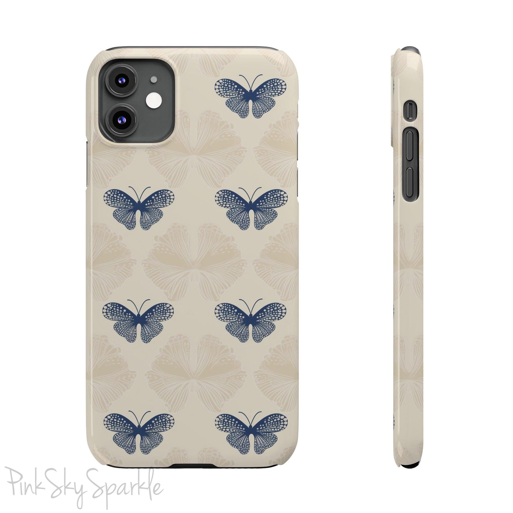 Add a touch of elegance to your phone with the Midnight Flutter Slim iPhone Case. Featuring a neutral background and navy blue butterflies.