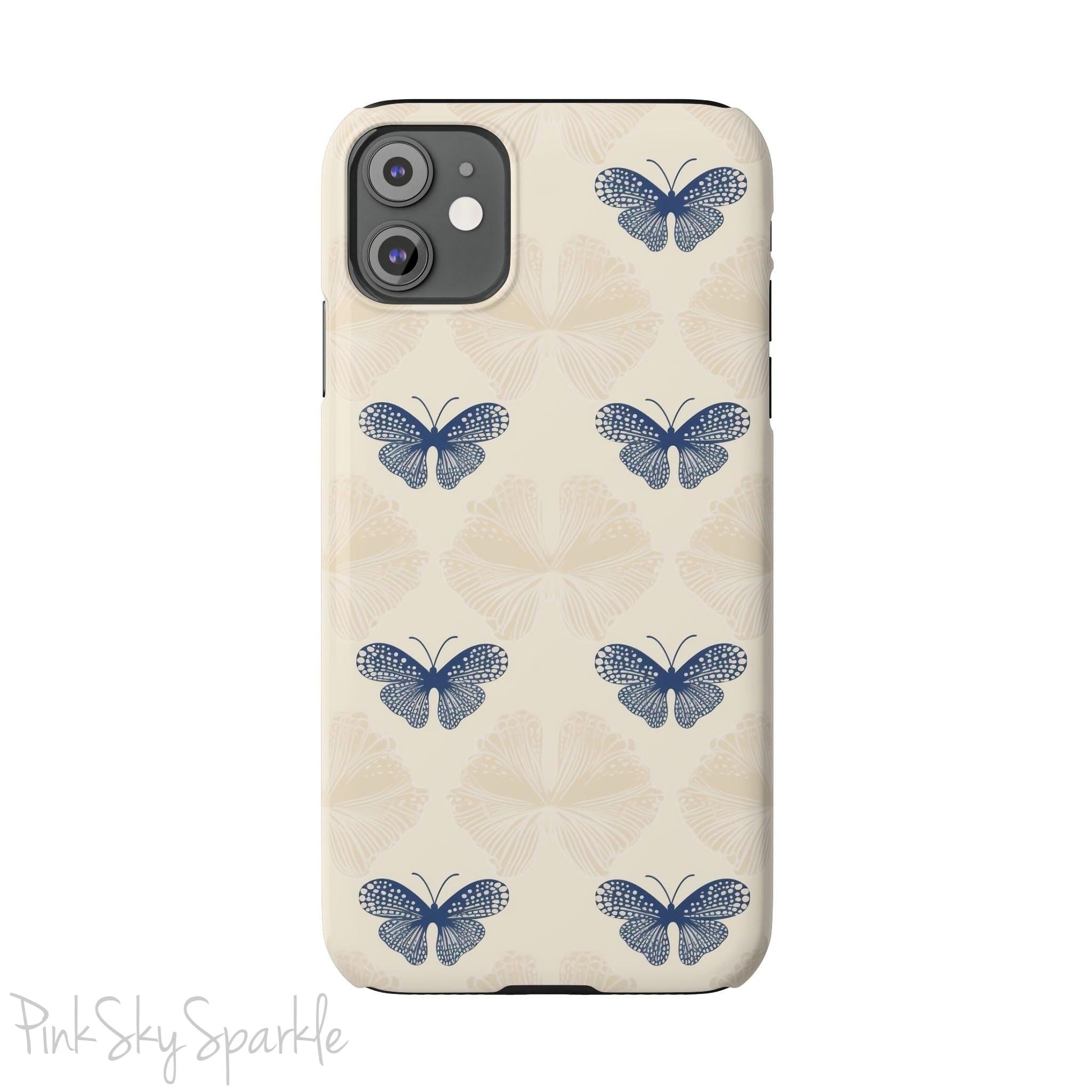 Add a touch of elegance to your phone with the Midnight Flutter Slim iPhone Case. Featuring a neutral background and navy blue butterflies.