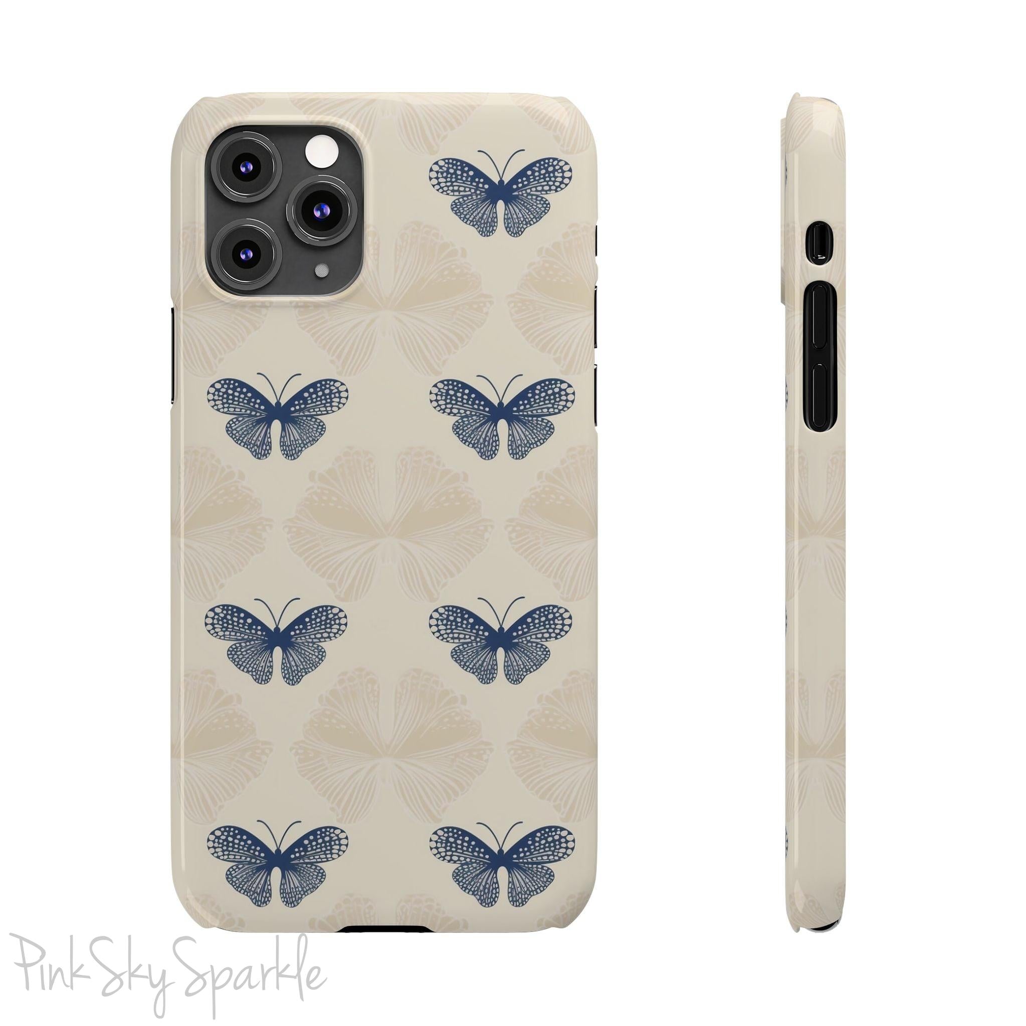 Add a touch of elegance to your phone with the Midnight Flutter Slim iPhone Case. Featuring a neutral background and navy blue butterflies.