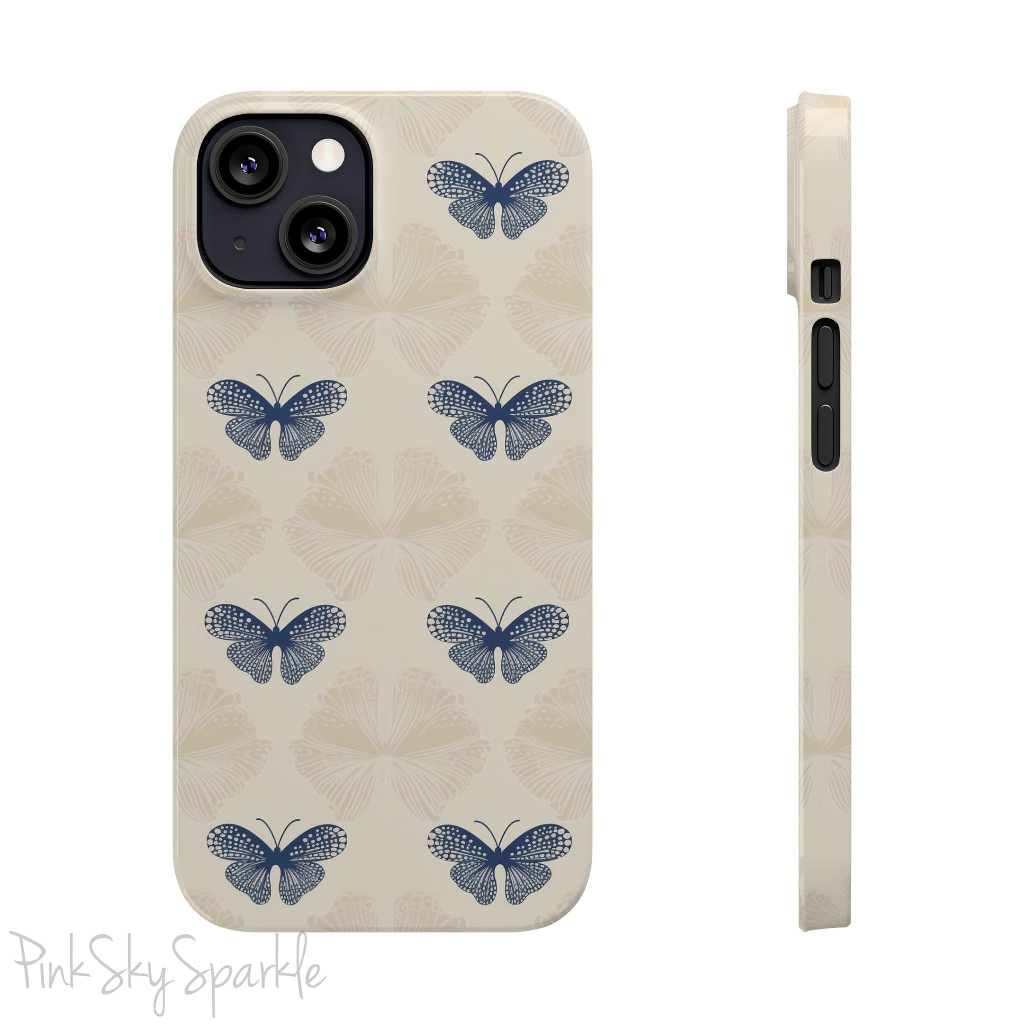 Add a touch of elegance to your phone with the Midnight Flutter Slim iPhone Case. Featuring a neutral background and navy blue butterflies.