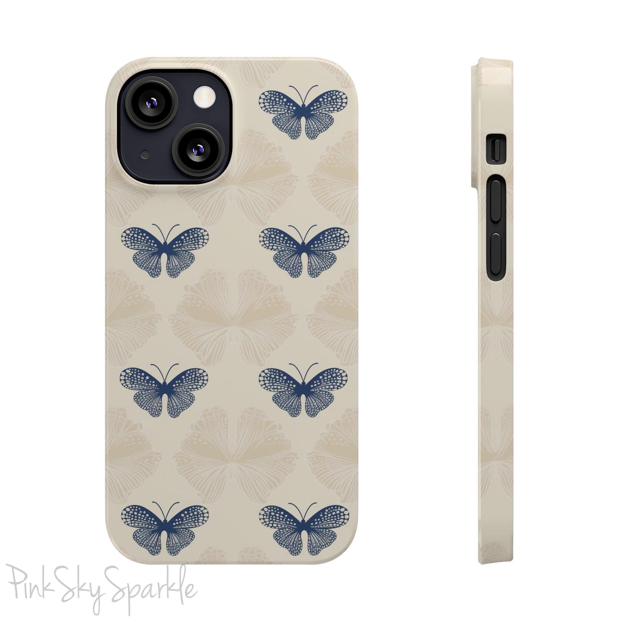 Add a touch of elegance to your phone with the Midnight Flutter Slim iPhone Case. Featuring a neutral background and navy blue butterflies.