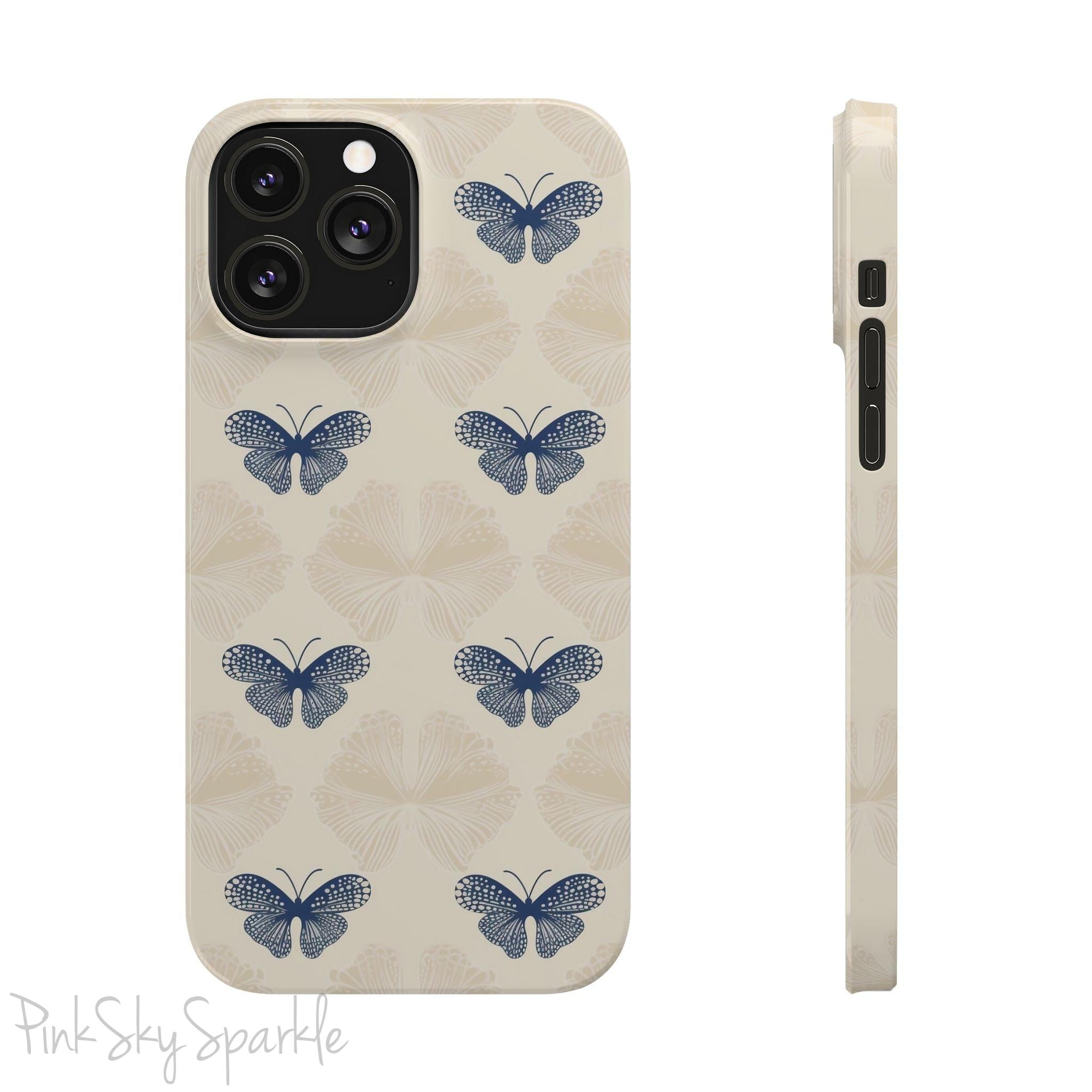 Add a touch of elegance to your phone with the Midnight Flutter Slim iPhone Case. Featuring a neutral background and navy blue butterflies.