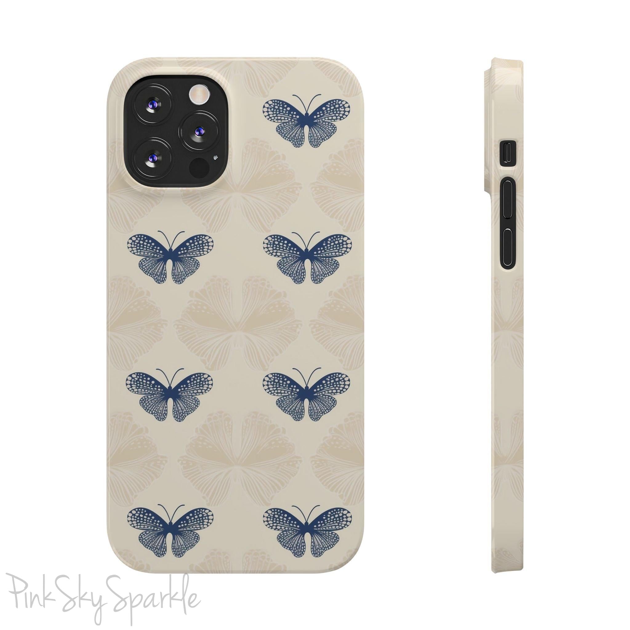 Add a touch of elegance to your phone with the Midnight Flutter Slim iPhone Case. Featuring a neutral background and navy blue butterflies.