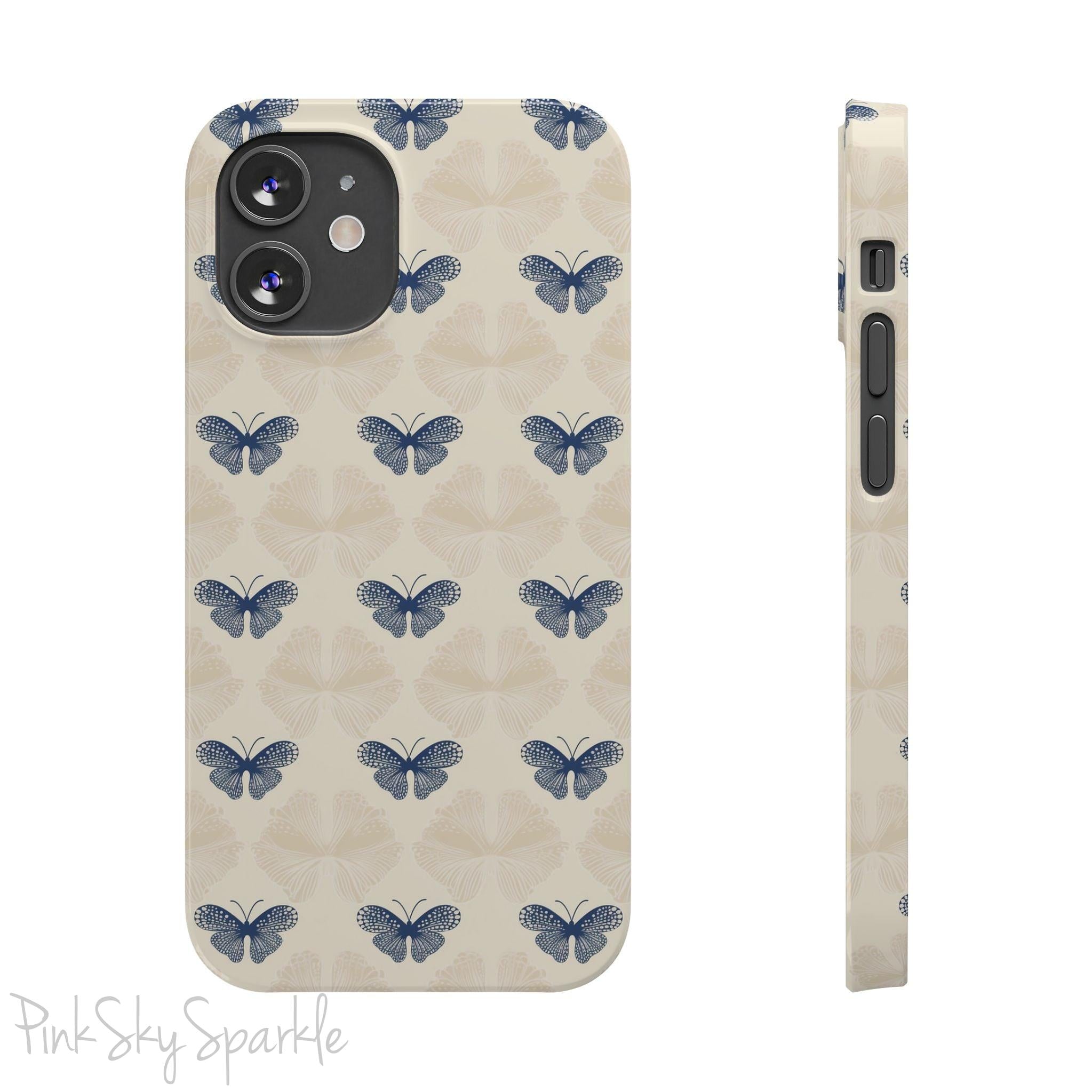 Add a touch of elegance to your phone with the Midnight Flutter Slim iPhone Case. Featuring a neutral background and navy blue butterflies.