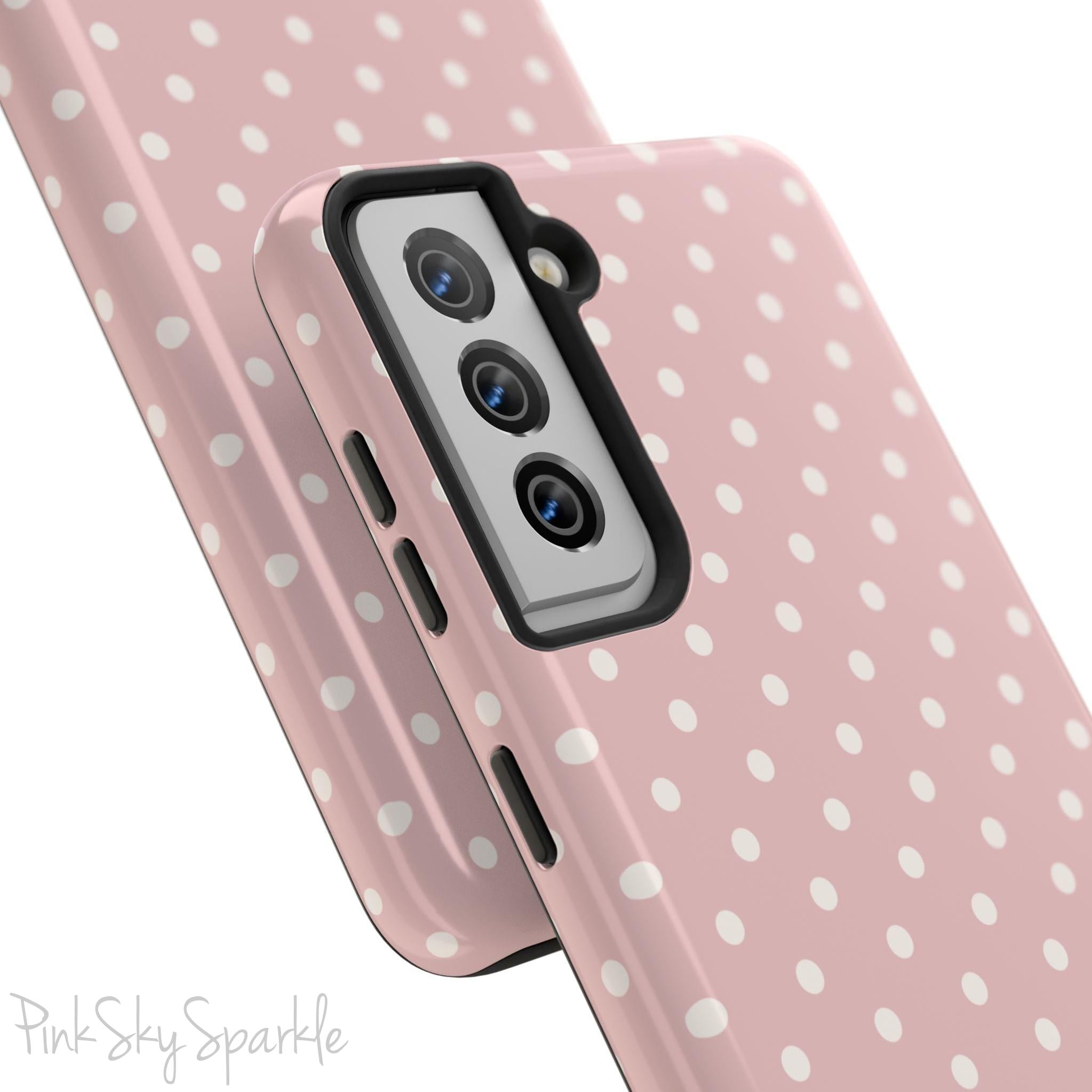 Pink Polka Dots Samsung Galaxy Phone Case, featuring a soft pink background and white polka dots.