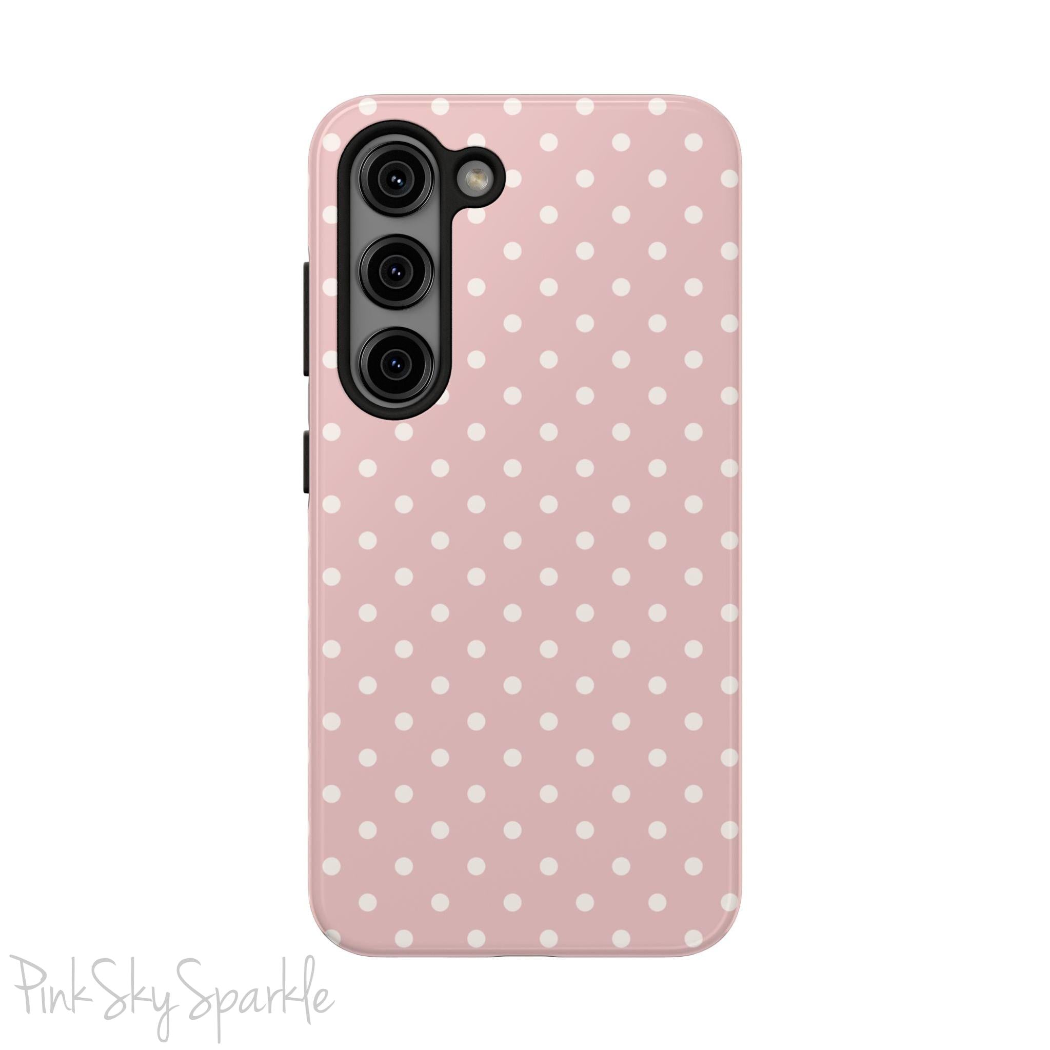 Pink Polka Dots Samsung Galaxy Phone Case, featuring a soft pink background and white polka dots.