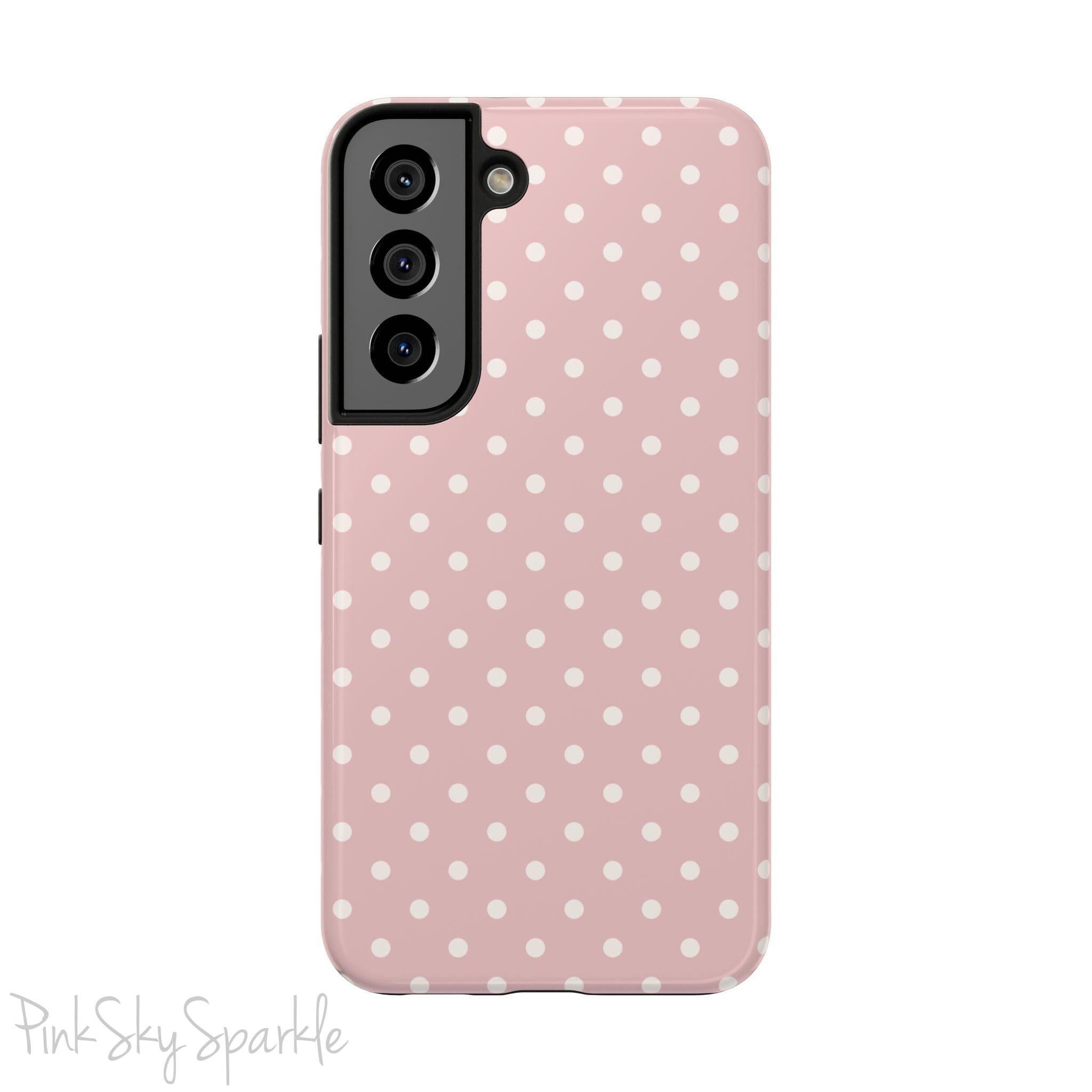 Pink Polka Dots Samsung Galaxy Phone Case, featuring a soft pink background and white polka dots.