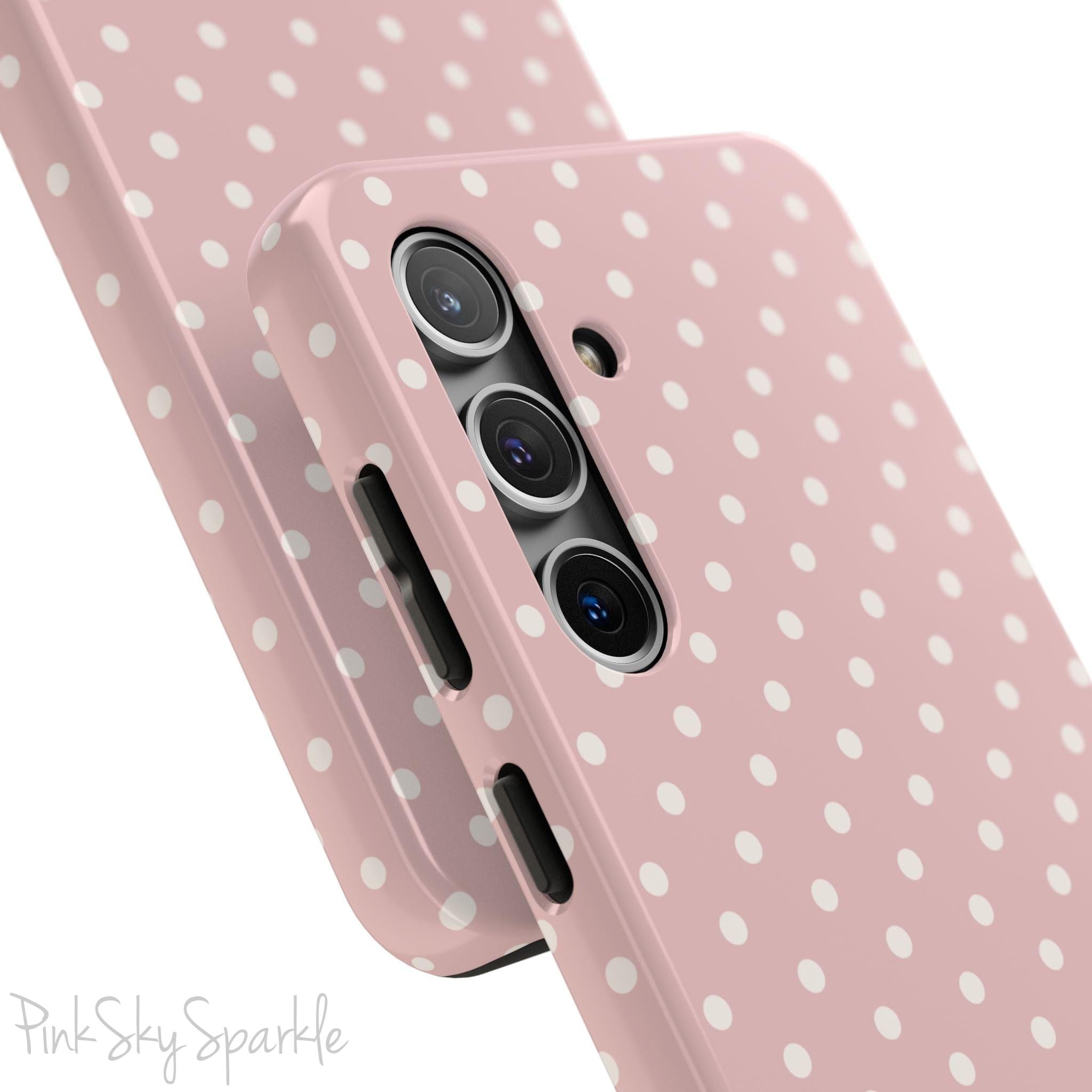 Pink Polka Dots Samsung Galaxy Phone Case, featuring a soft pink background and white polka dots.