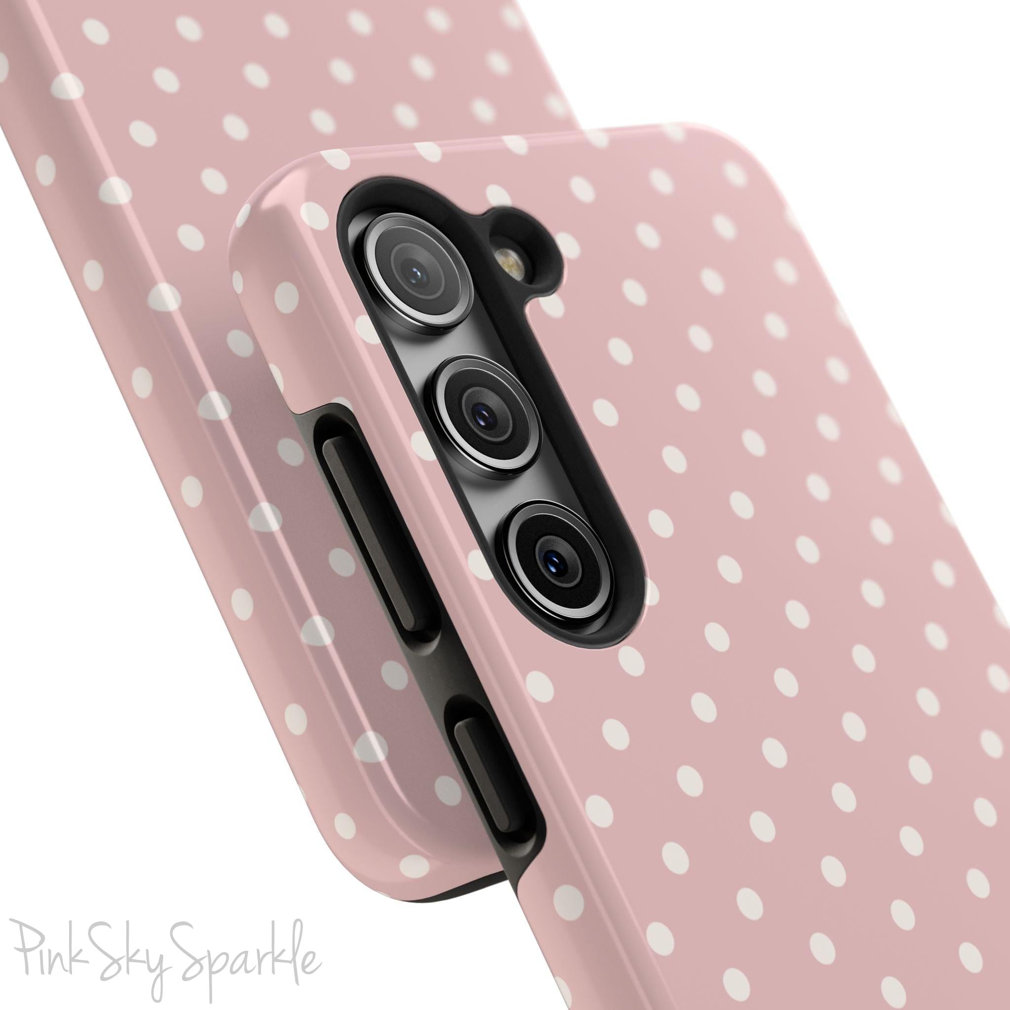 Pink Polka Dots Samsung Galaxy Phone Case, featuring a soft pink background and white polka dots.