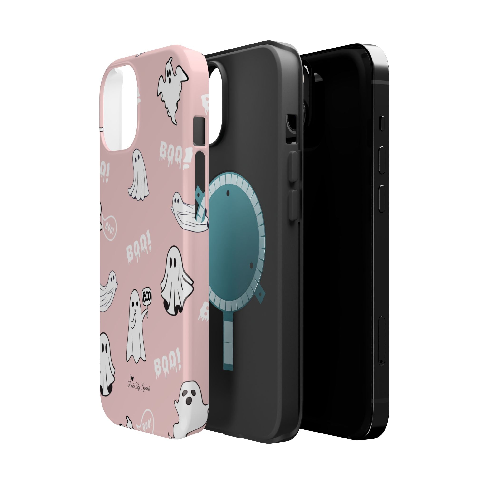 Pink phone case with ghost illustrations, showing the centre of the case featuring a magnet for compatibility with MagSafe accessories.