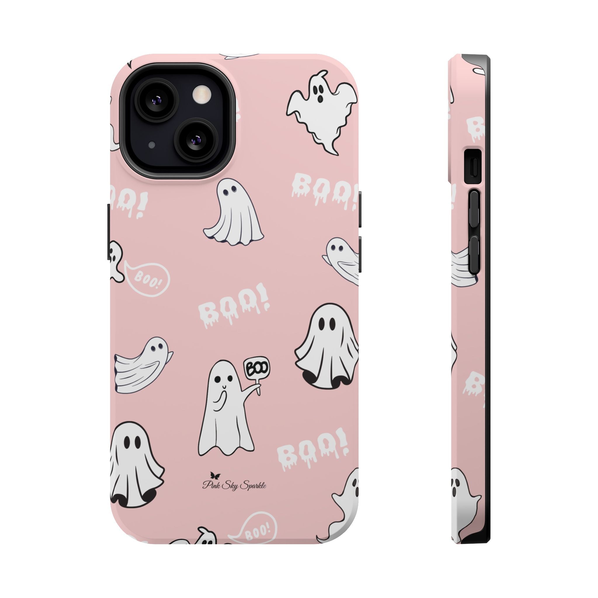 Phone case with ghost and 'BOO!' pattern on a pink background