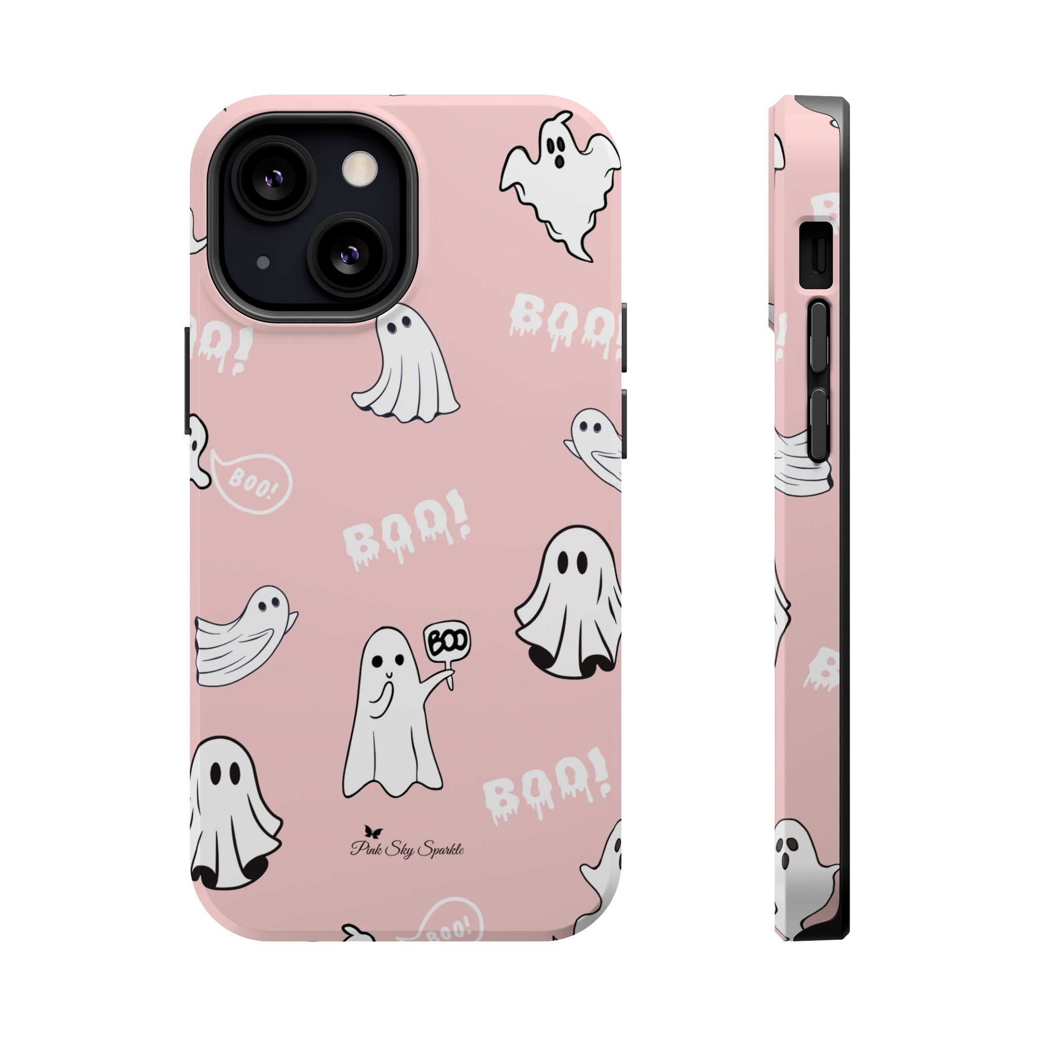 Phone case with ghost and 'BOO!' pattern on a pink background
