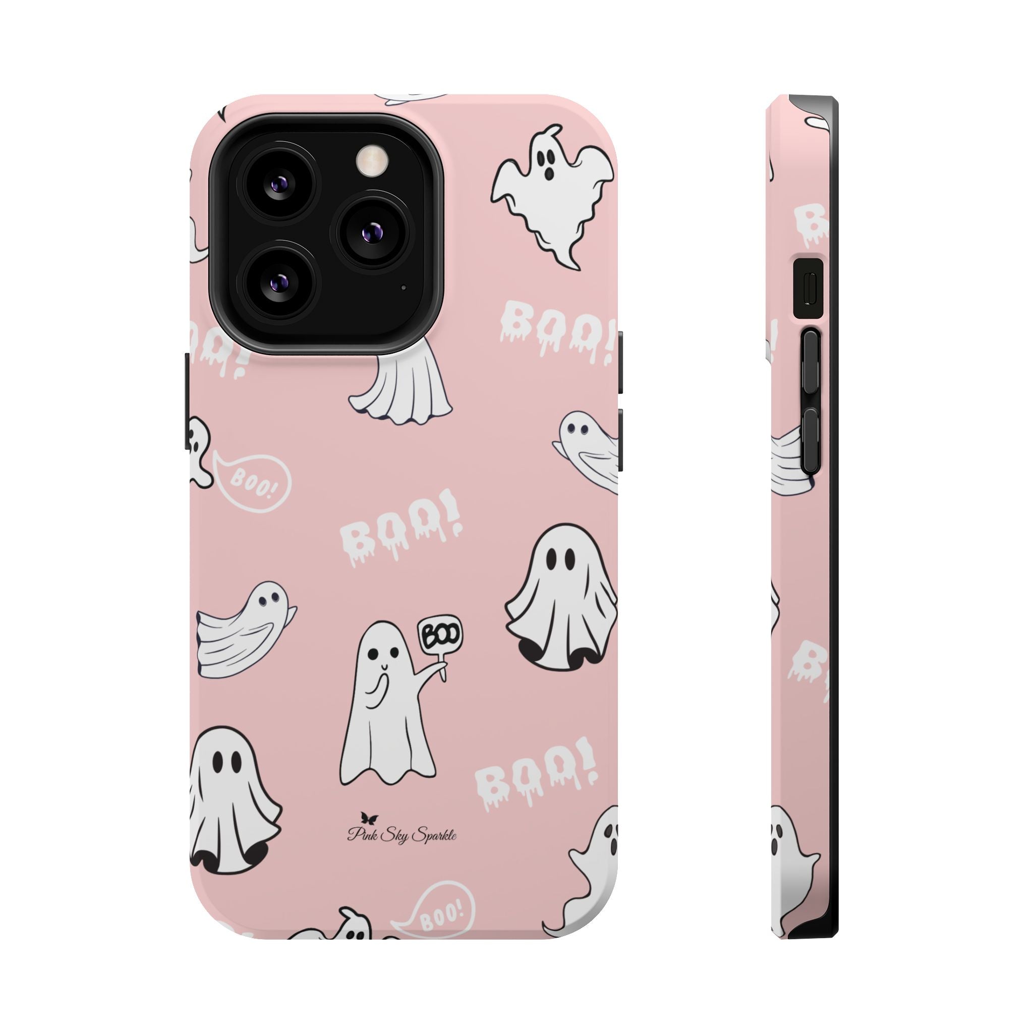 Phone case with ghost and 'BOO!' pattern on a pink background