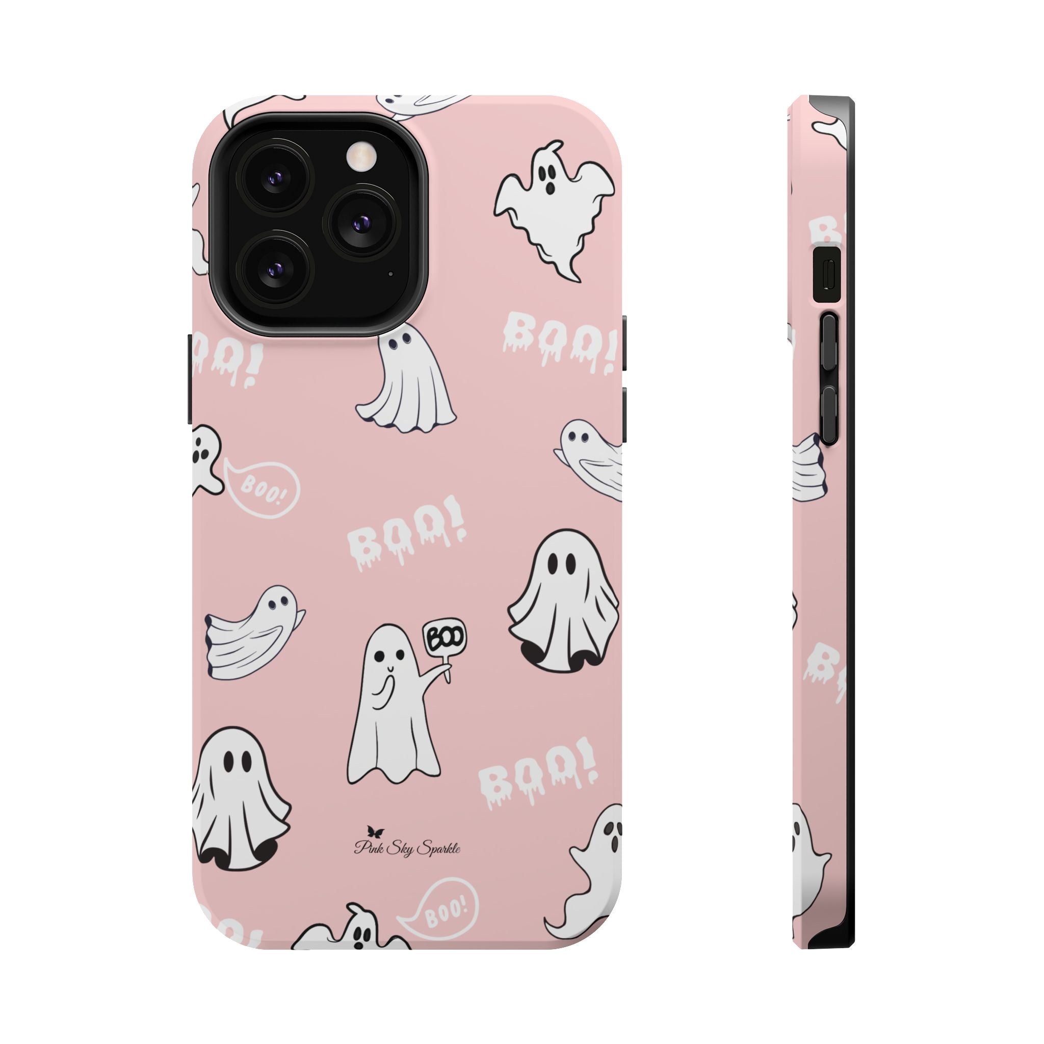 Phone case with ghost illustrations and 'BOO!' text on a pink background