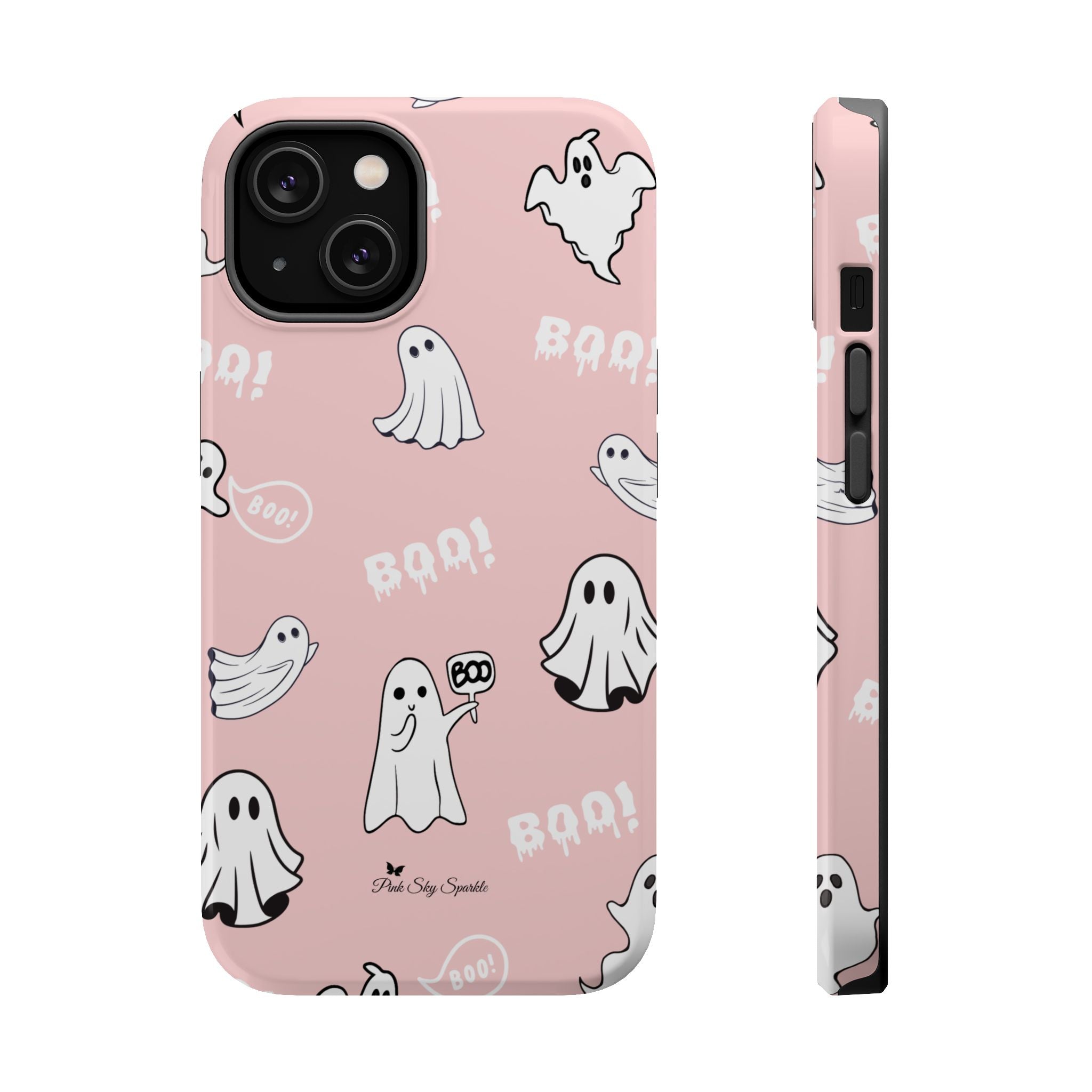 Phone case with ghost and 'BOO!' pattern on a pink background