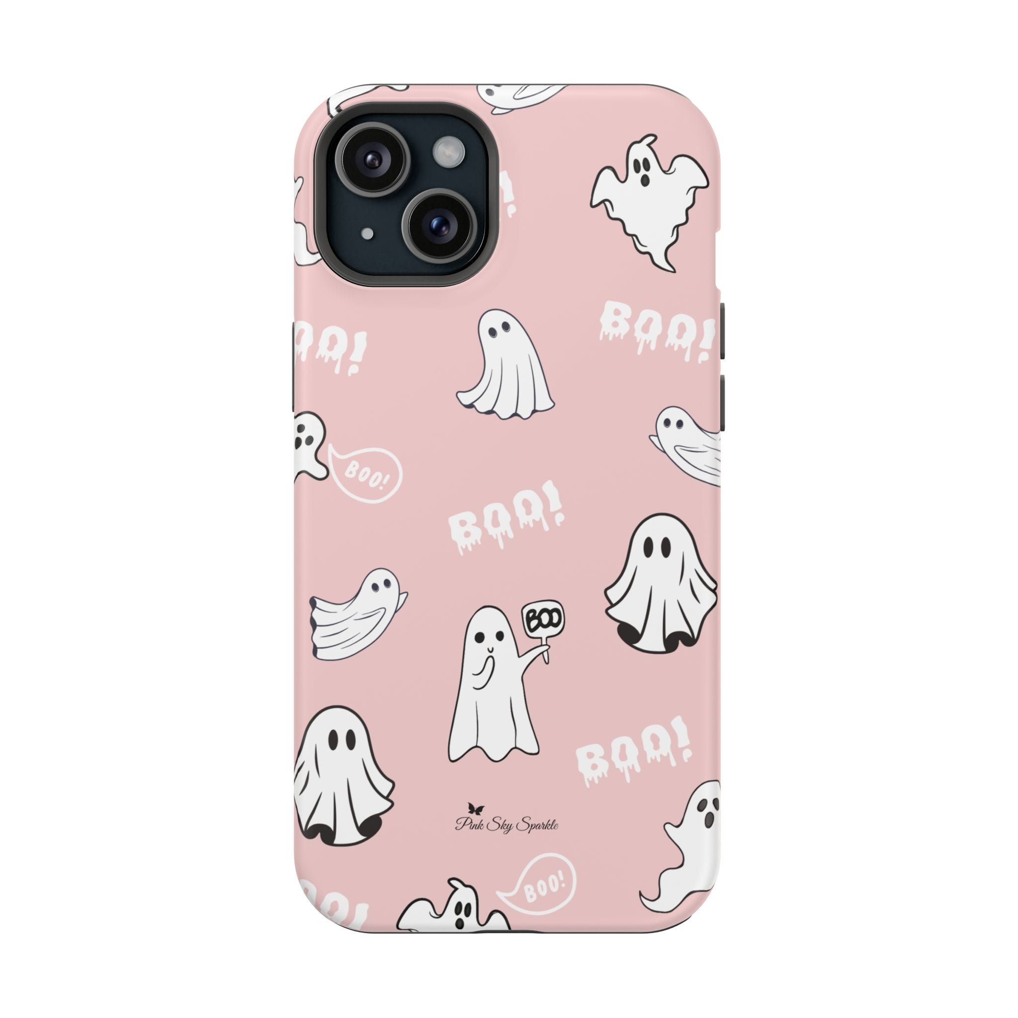 Phone case with ghost and 'BOO!' pattern on a pink background