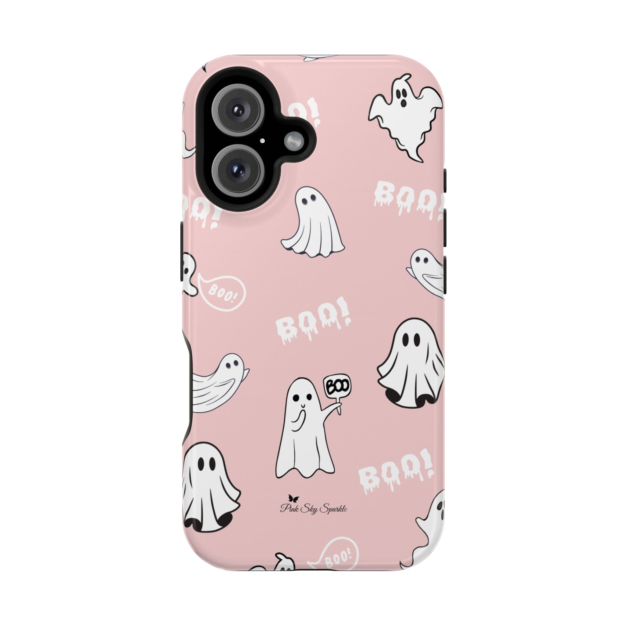 Phone case with ghost and 'BOO!' pattern on a pink background
