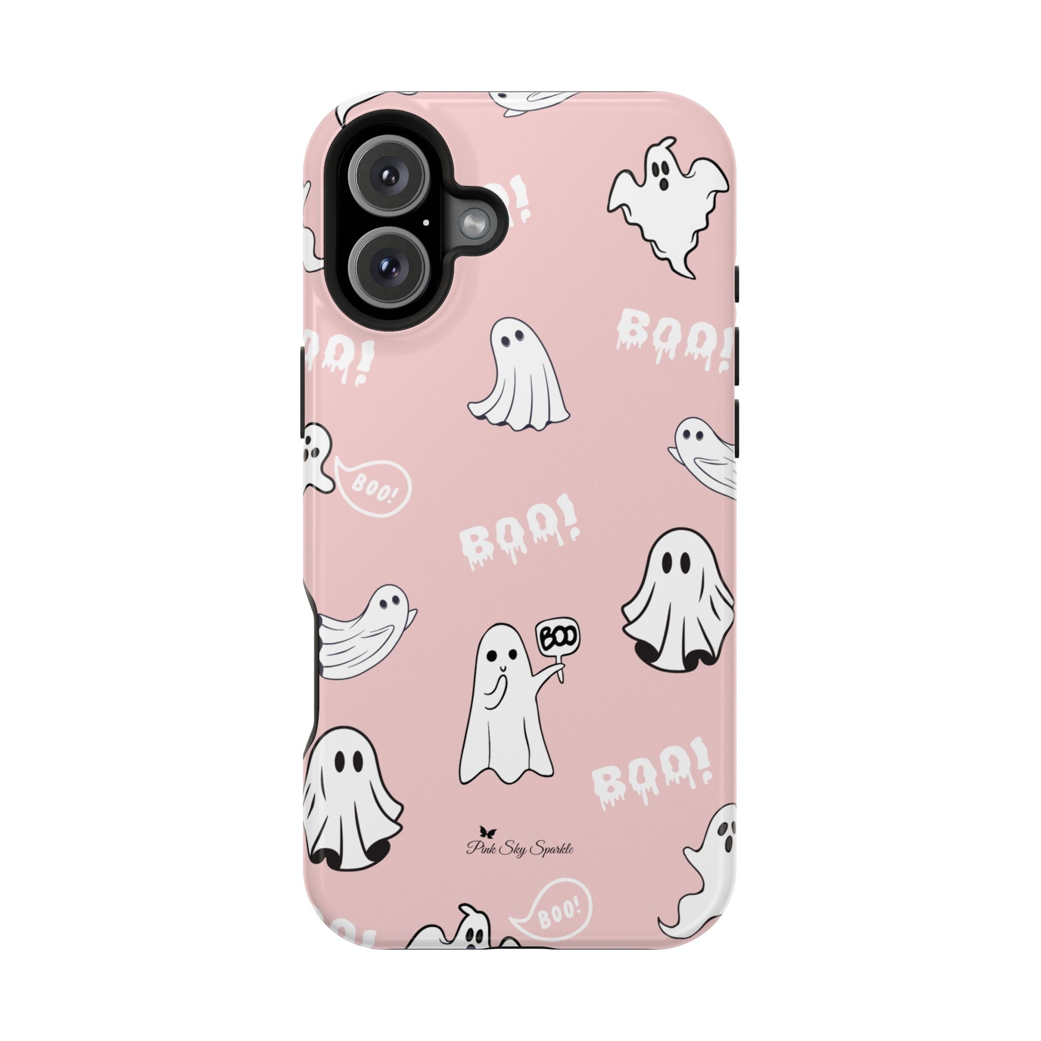 Phone case with ghost illustrations and 'BOO!' text on a pink background