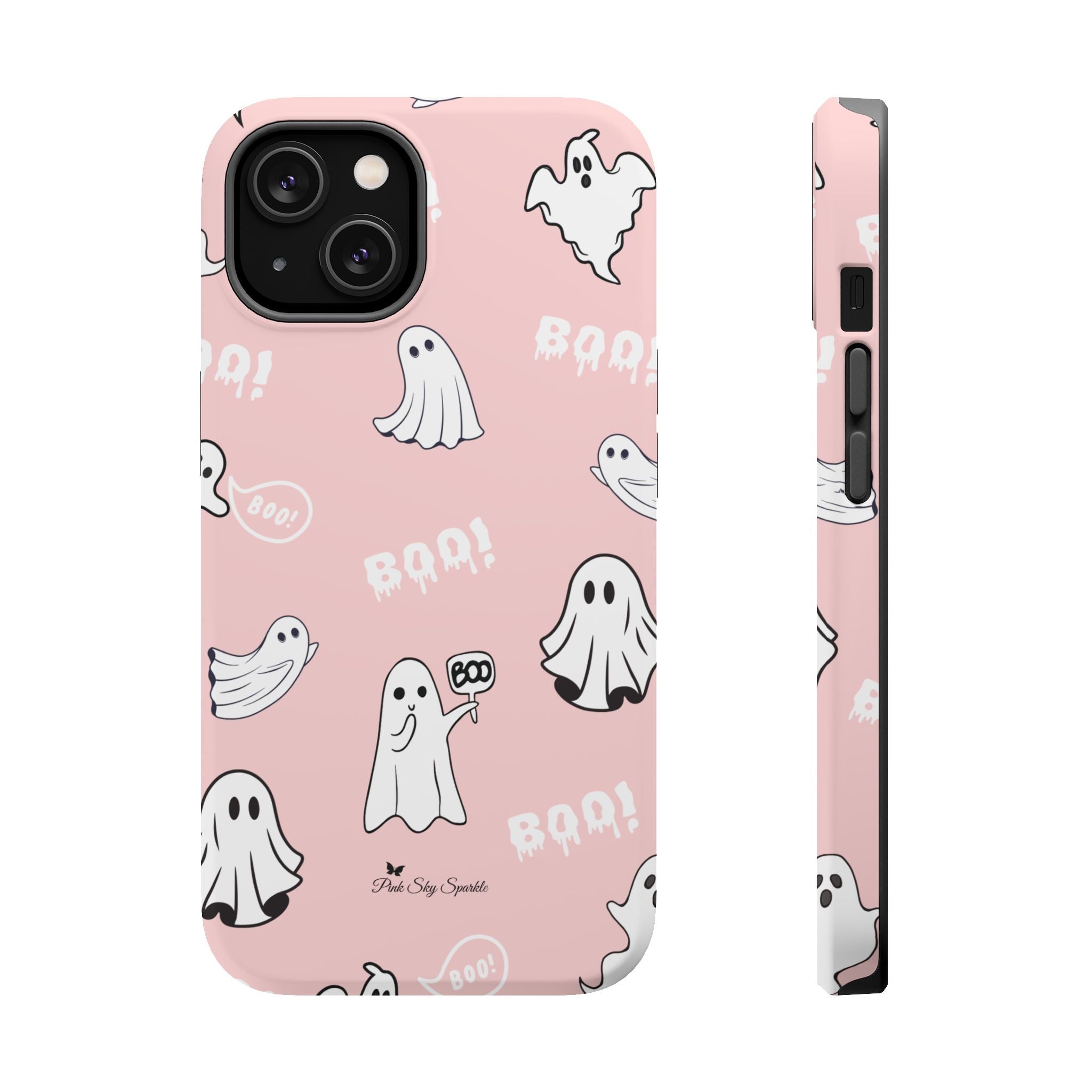 Phone case with ghost and 'BOO!' pattern on a pink background
