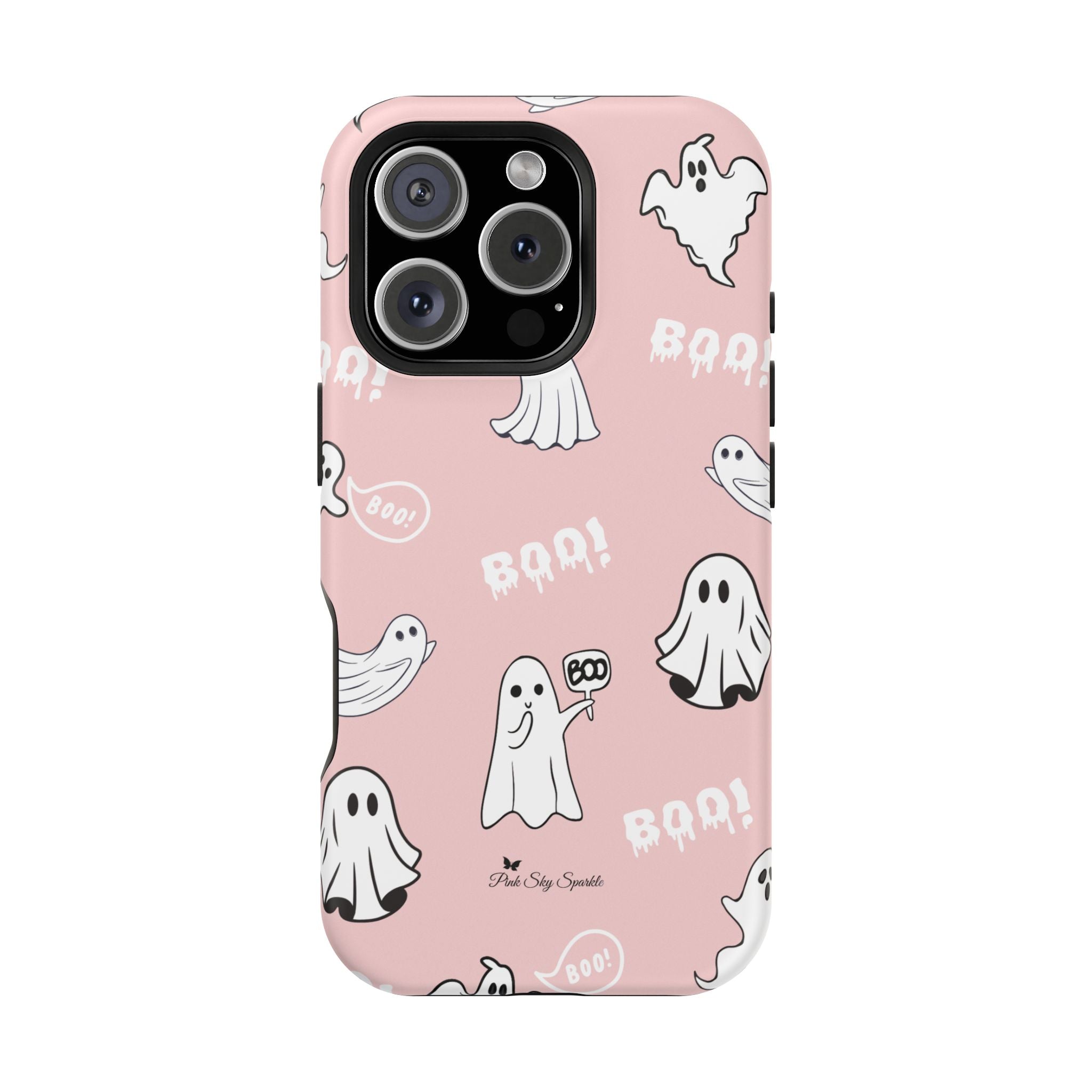 Phone case with ghost and 'BOO!' pattern on a pink background