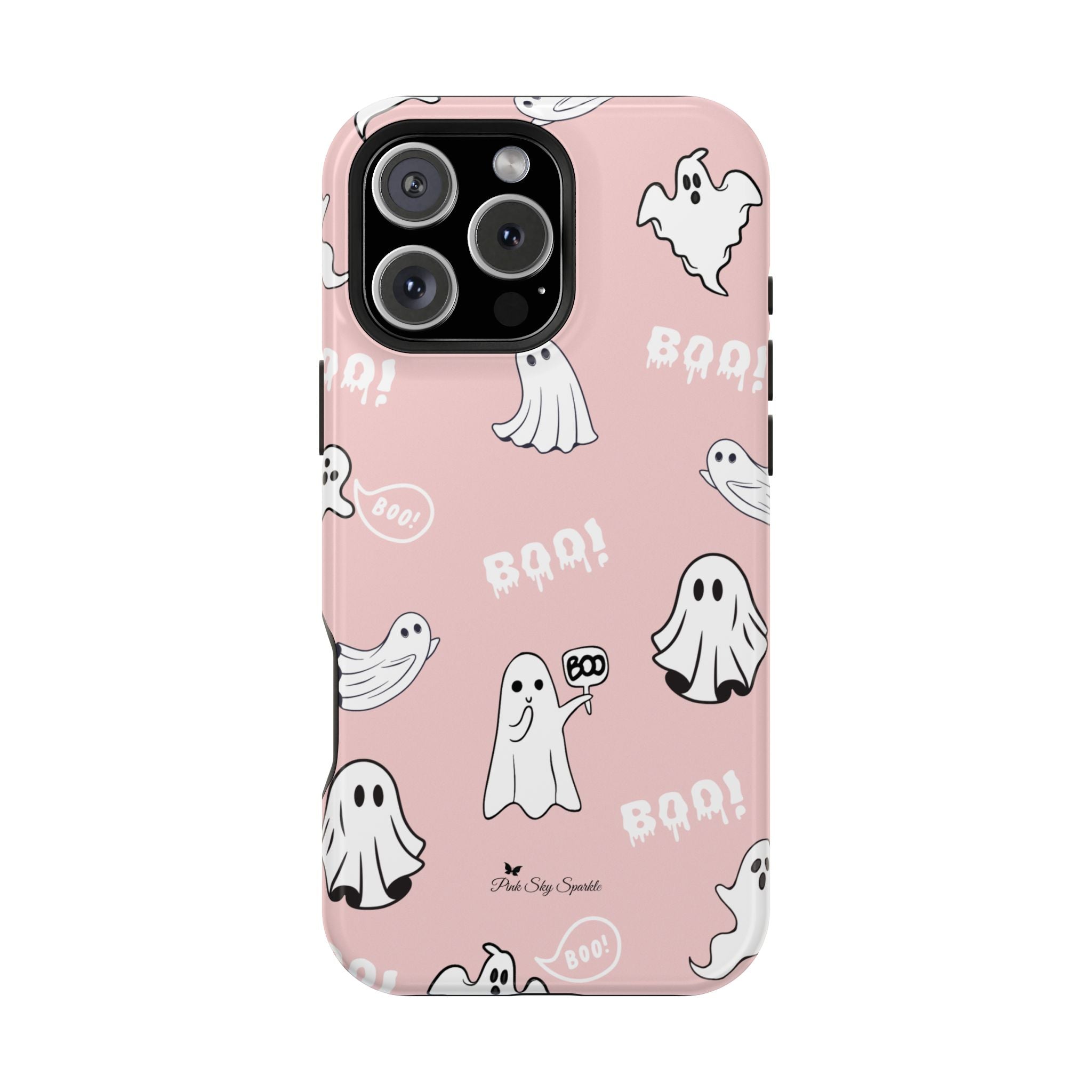 Phone case with ghost illustrations and 'BOO!' text on a pink background
