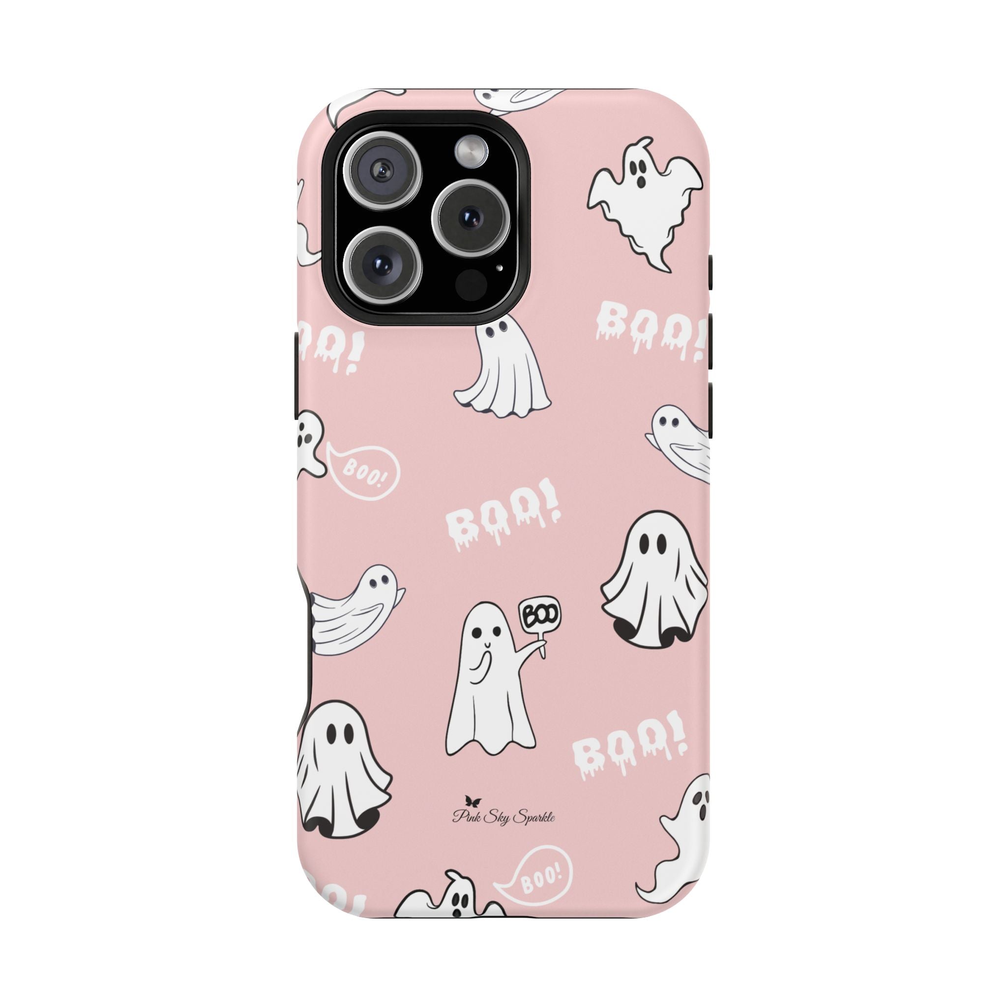 Phone case with ghost illustrations and 'BOO!' text on a pink background