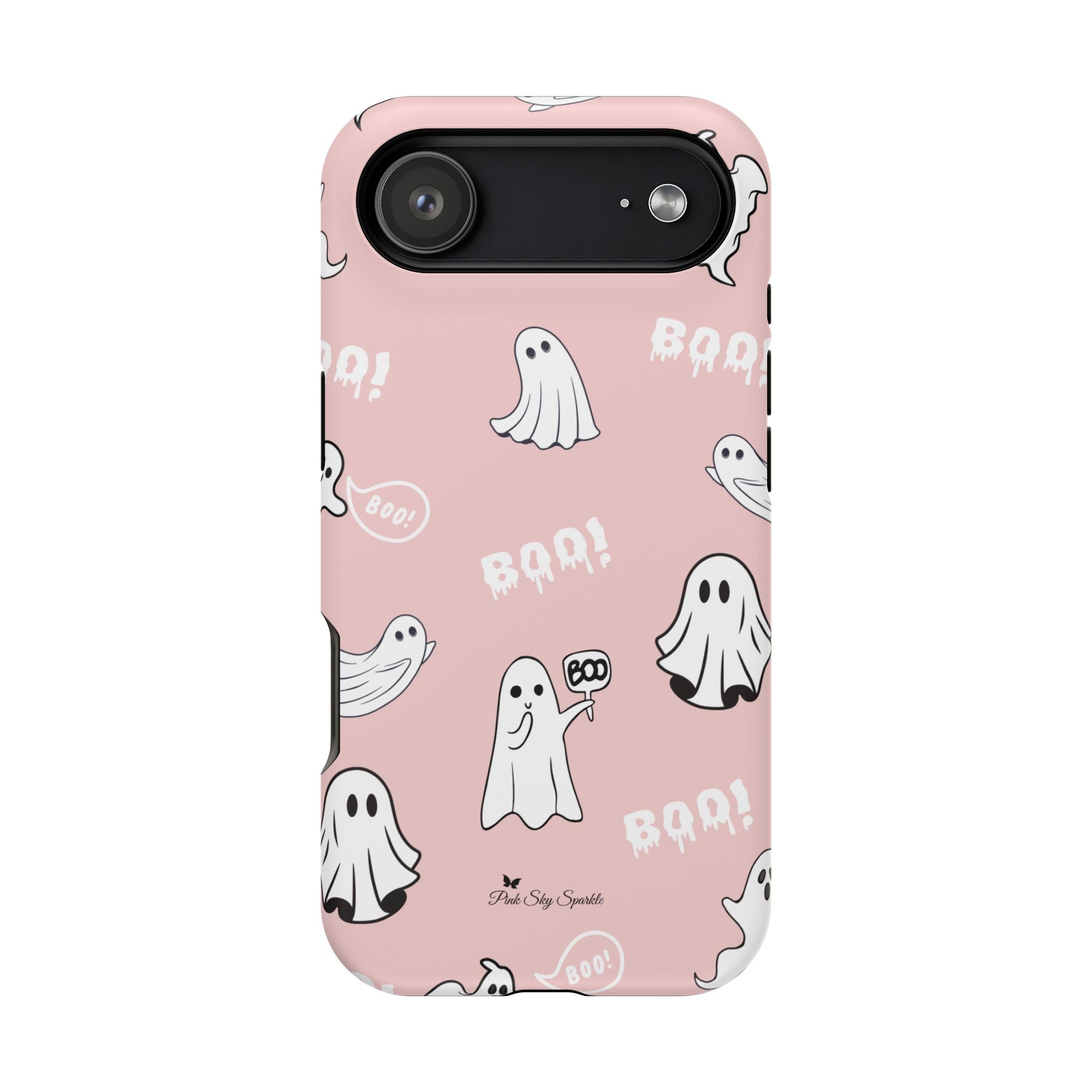 Phone case with ghost and 'BOO!' pattern on a pink background