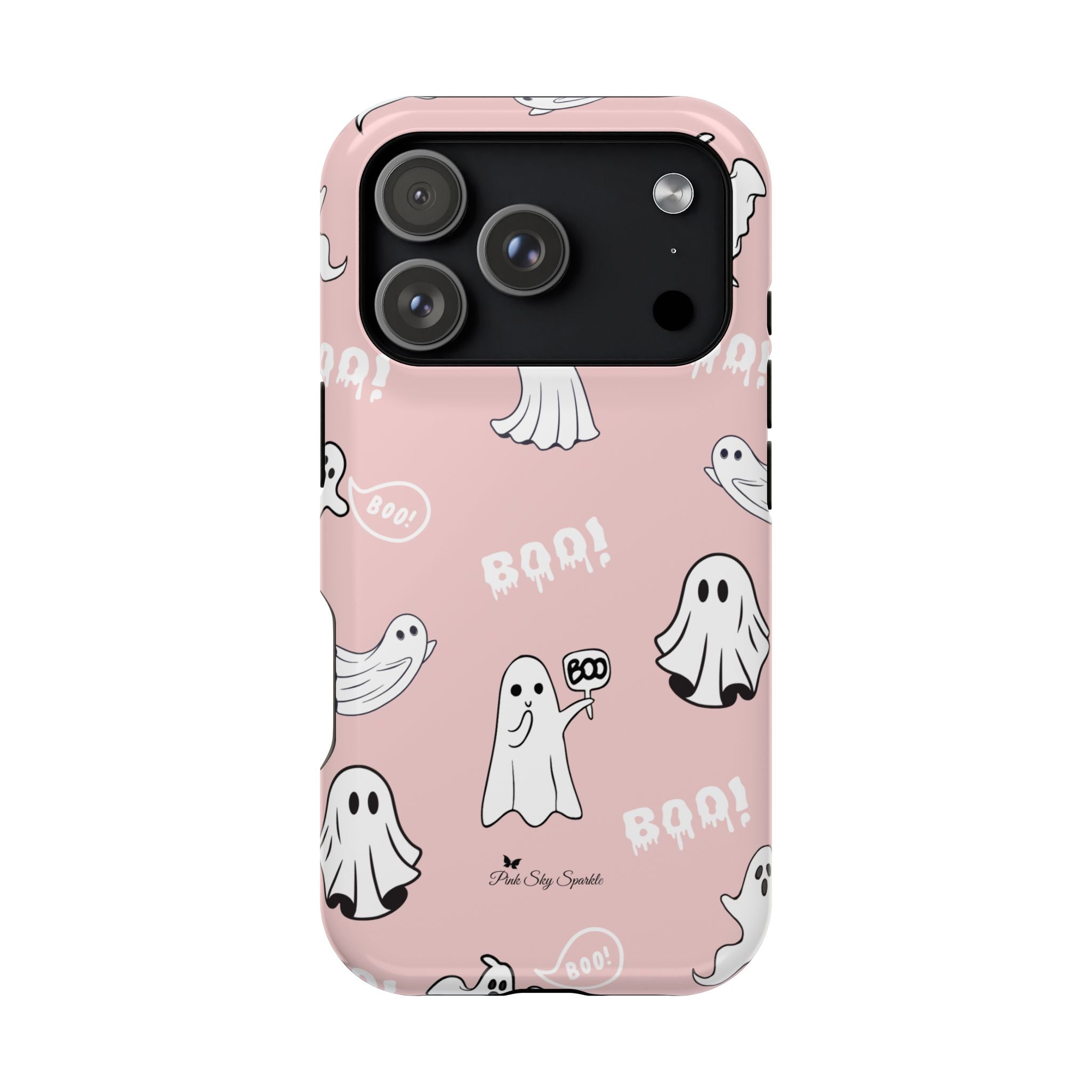 Phone case with ghost illustrations and 'BOO!' text on a pink background