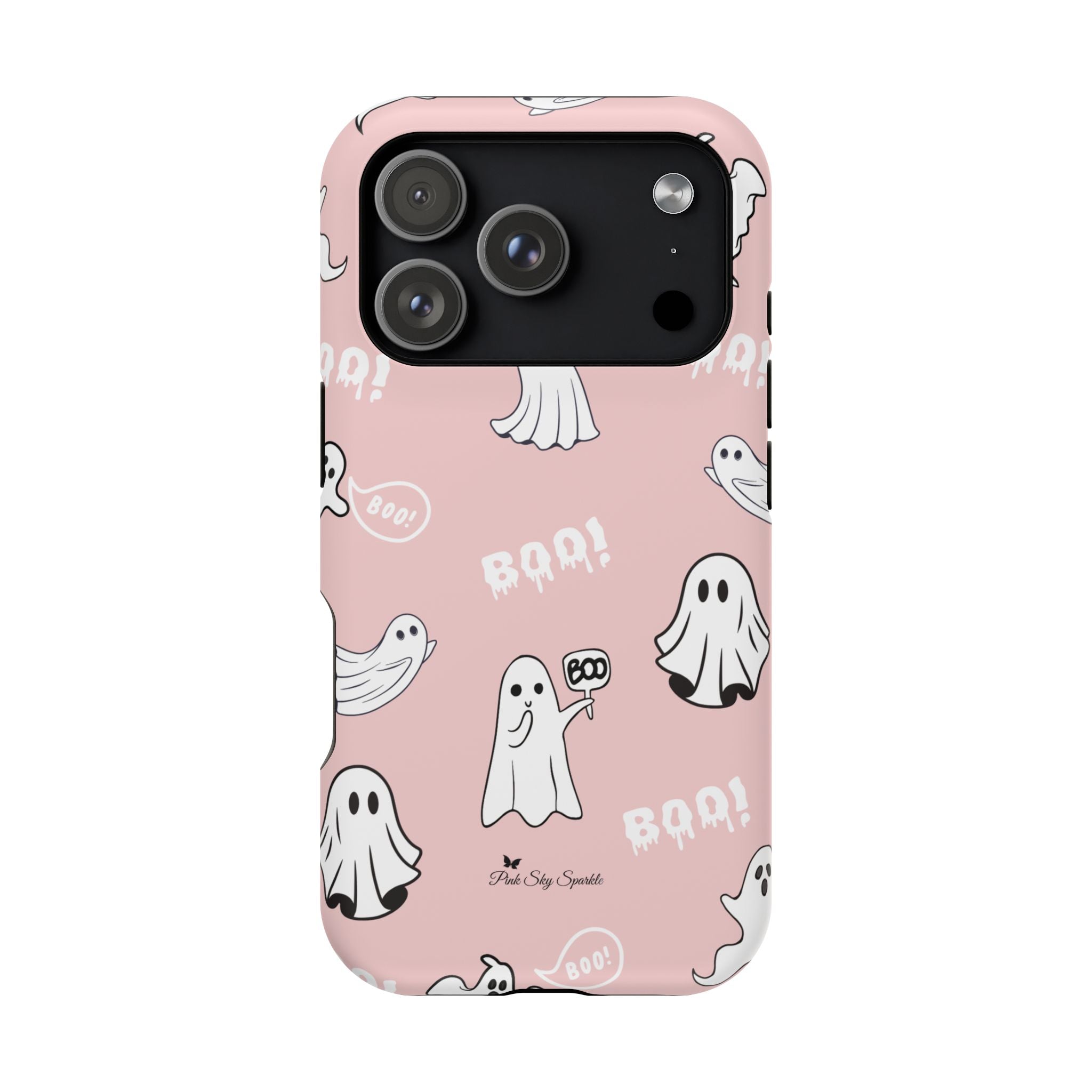 Phone case with ghost illustrations and 'BOO!' text on a pink background