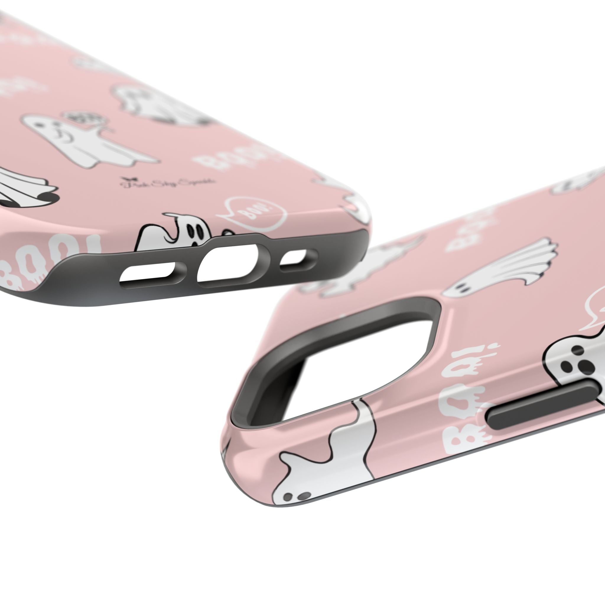 Two pink phone cases with ghost designs on a white background