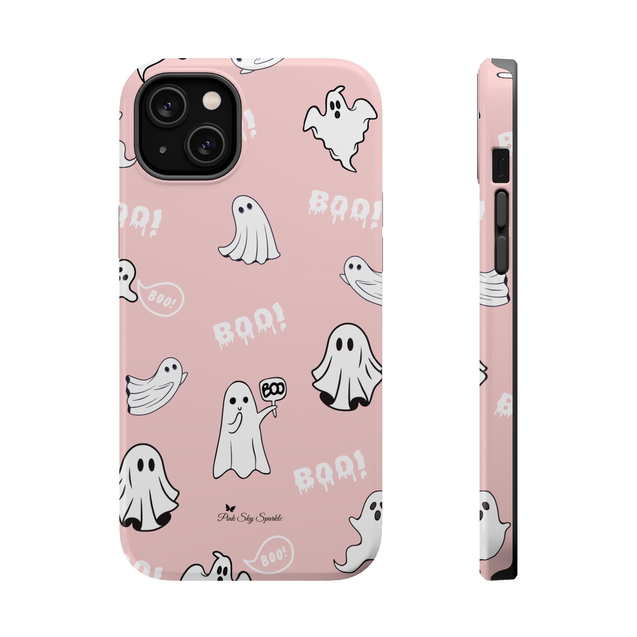 Phone case with ghost and 'BOO!' pattern on a pink background