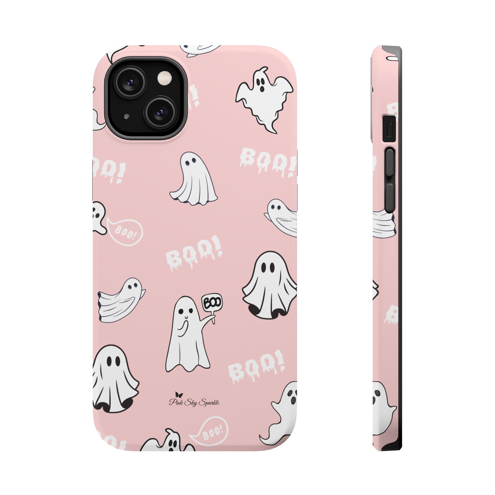 Phone case with ghost illustrations and 'BOO!' text on a pink background