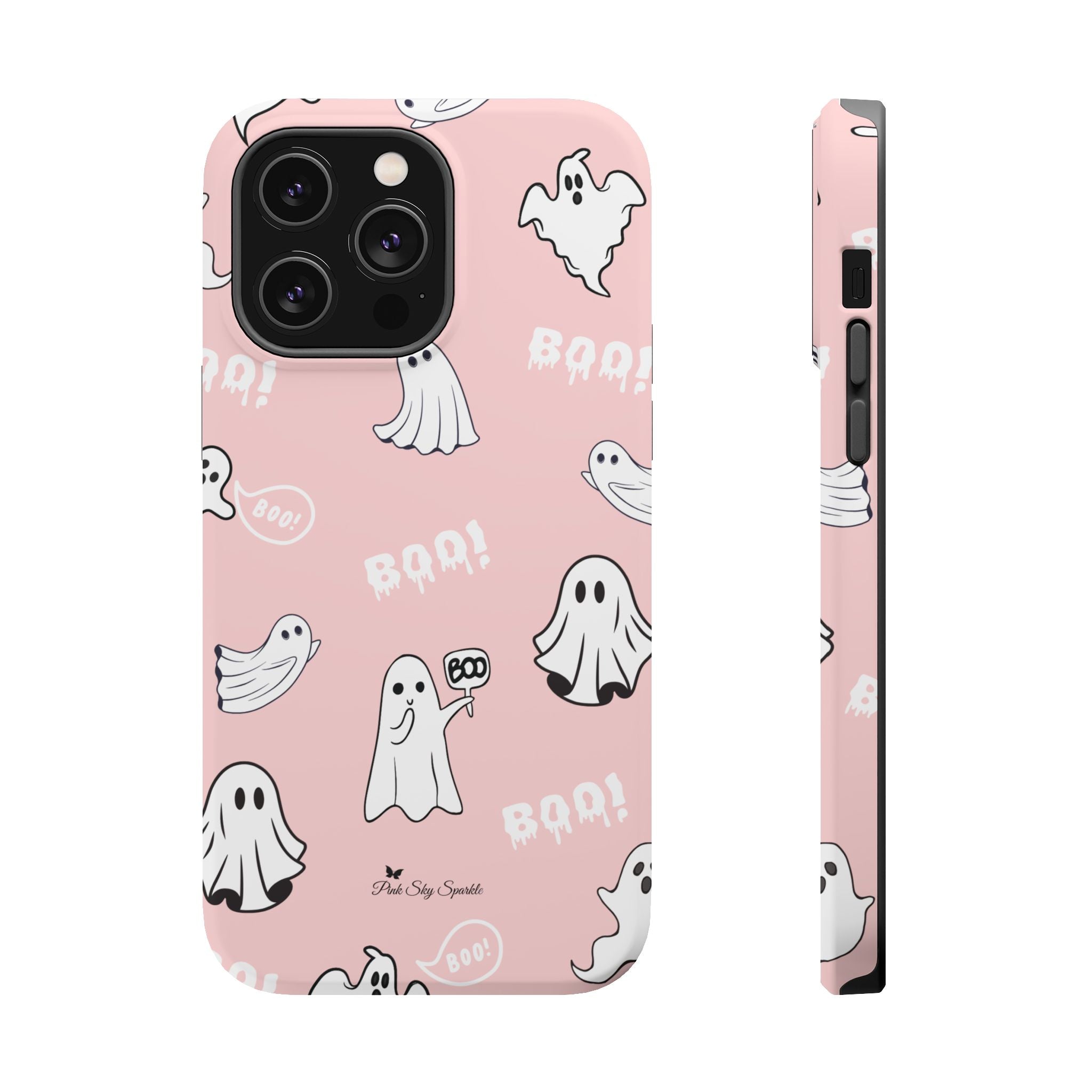 Phone case with ghost and 'BOO!' pattern on a pink background