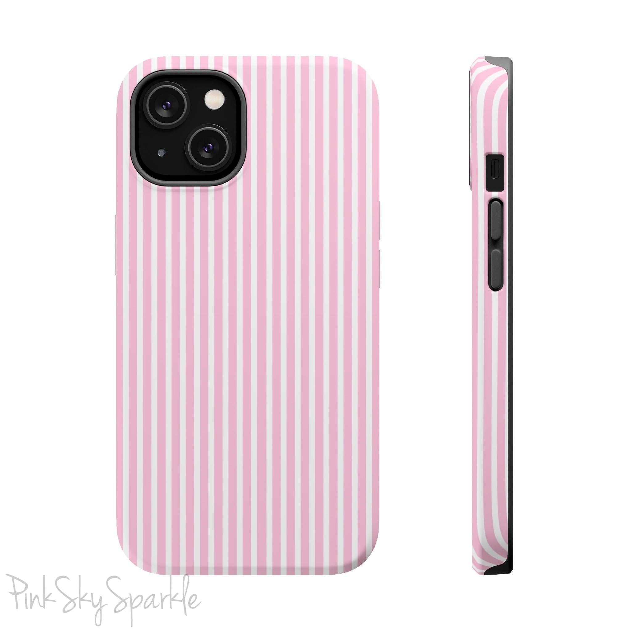 Pink Pinstripe Magnetic iPhone Case with soft pink and white stripes, a sleek and chic design for iPhone models 13, 14, 15, and 16.