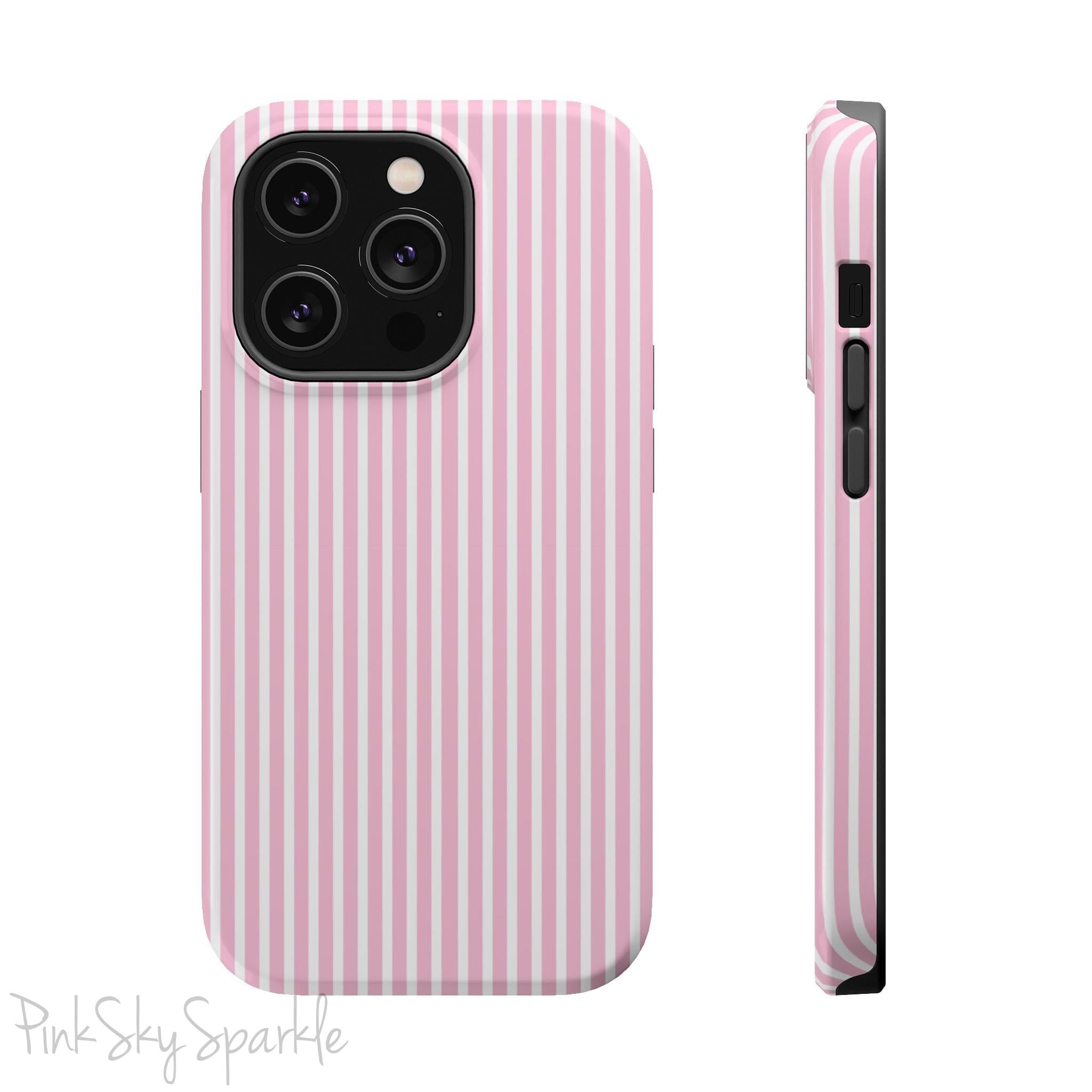 Pink Pinstripe Magnetic iPhone Case with soft pink and white stripes, a sleek and chic design for iPhone models 13, 14, 15, and 16.
