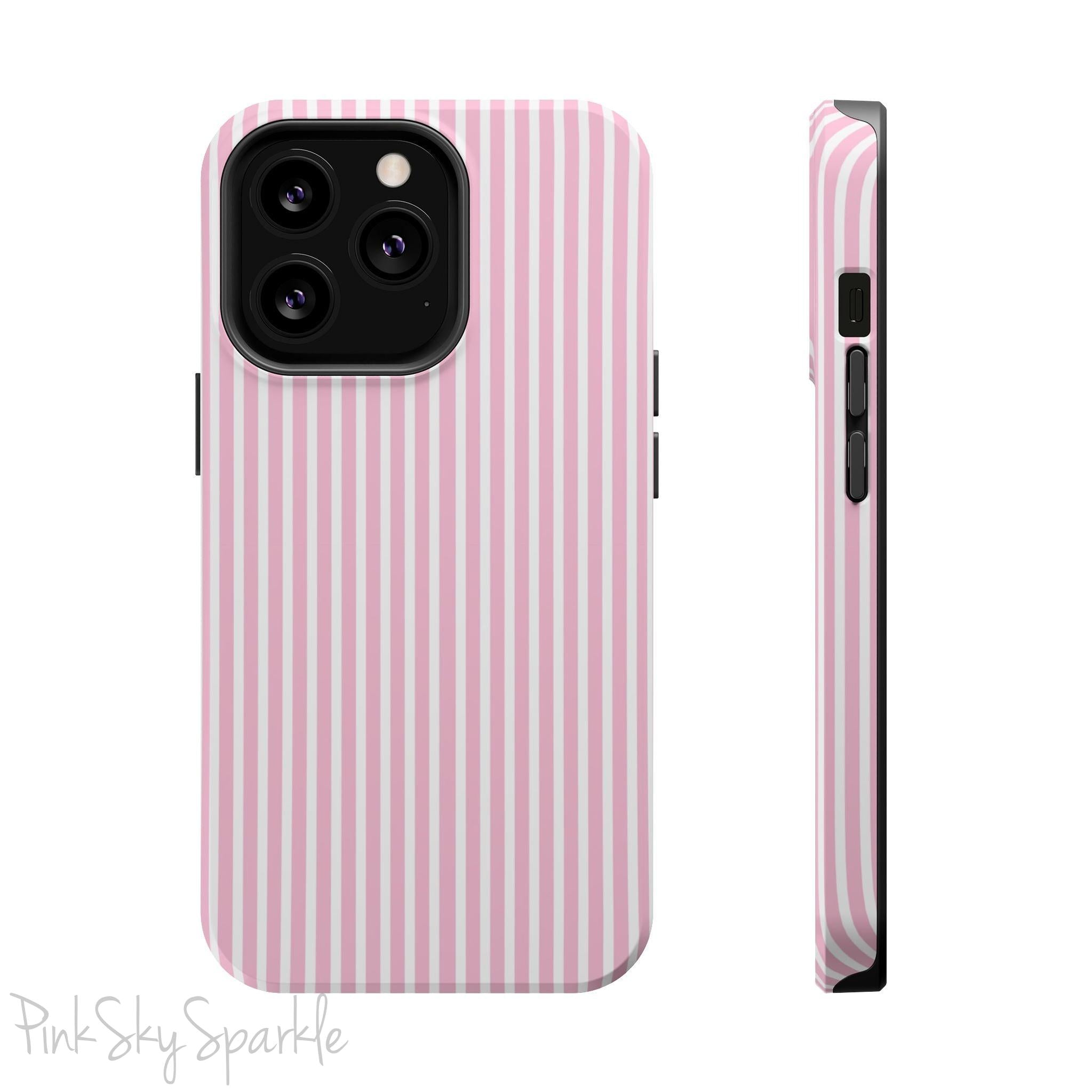 Pink Pinstripe Magnetic iPhone Case with soft pink and white stripes, a sleek and chic design for iPhone models 13, 14, 15, and 16.